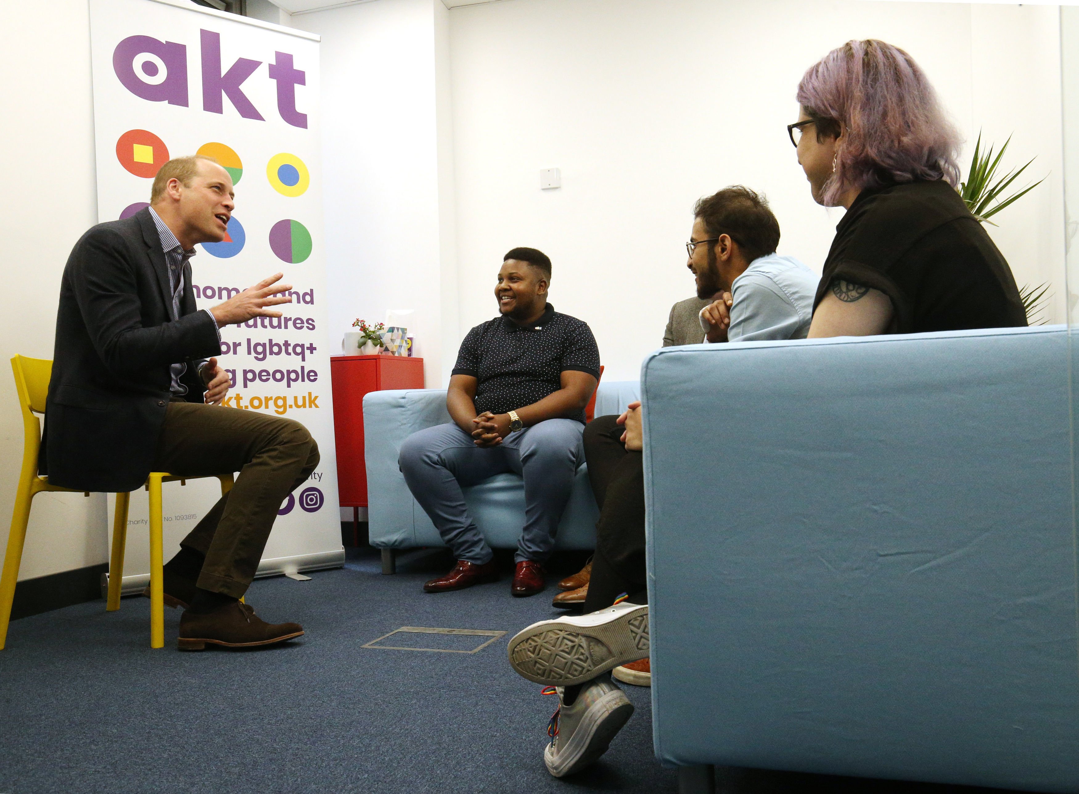 Prince William, Duke of Cambridge speaks to youth ambassadors during a visit the Albert Kennedy Trust to learn about the issue of LGBTQ youth homelessness and the unique approach that the organisation is taking to tackling the problem on June 26, 2019 in London, England. (Photo by Jonathan Brady - WPA Pool/Getty Images)