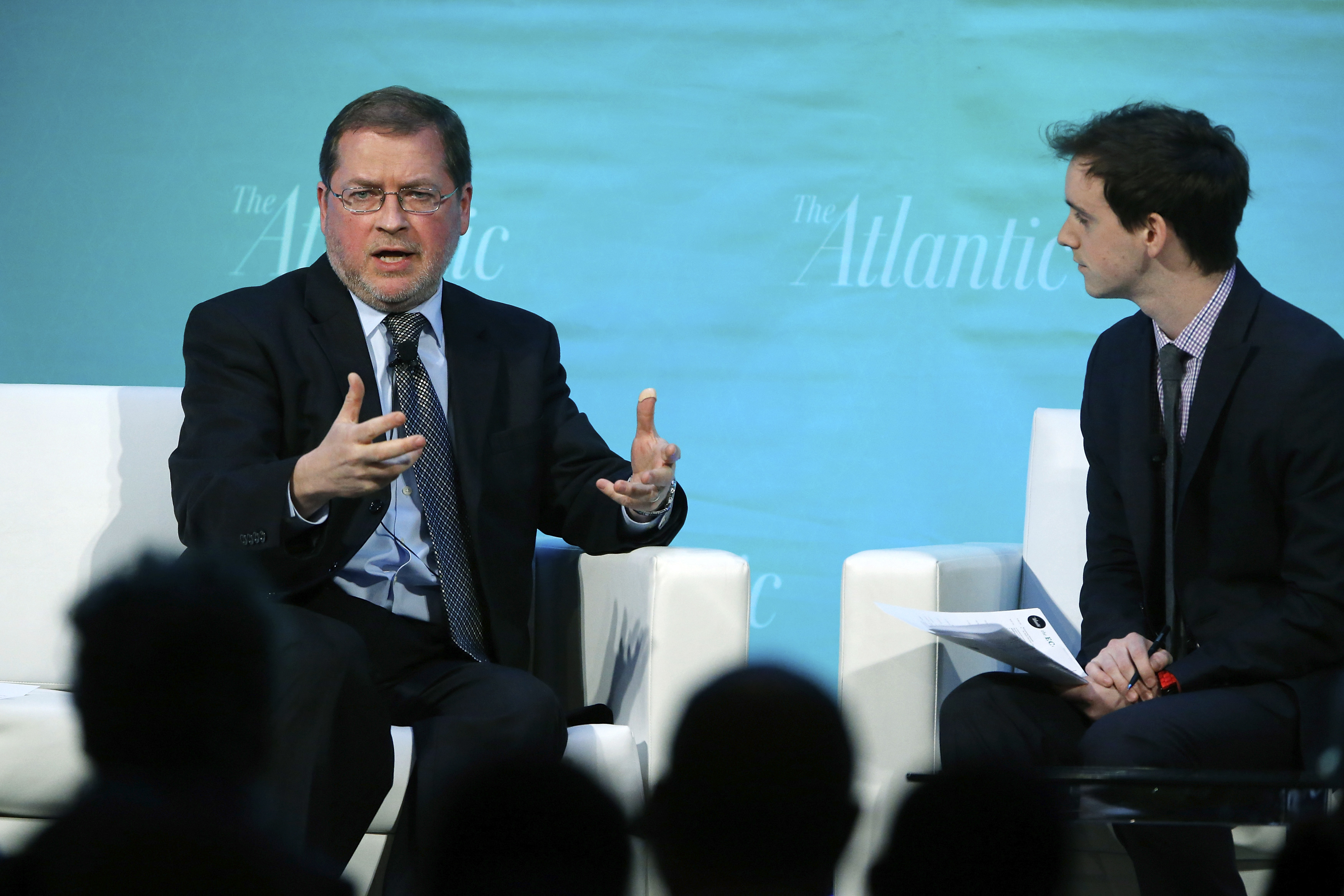 Americans for Tax Reform Founder and President Norquist speaks during an on-stage interview with The Atlantic's Senior Editor Thompson at The Atlantic Economy Summit in Washington
