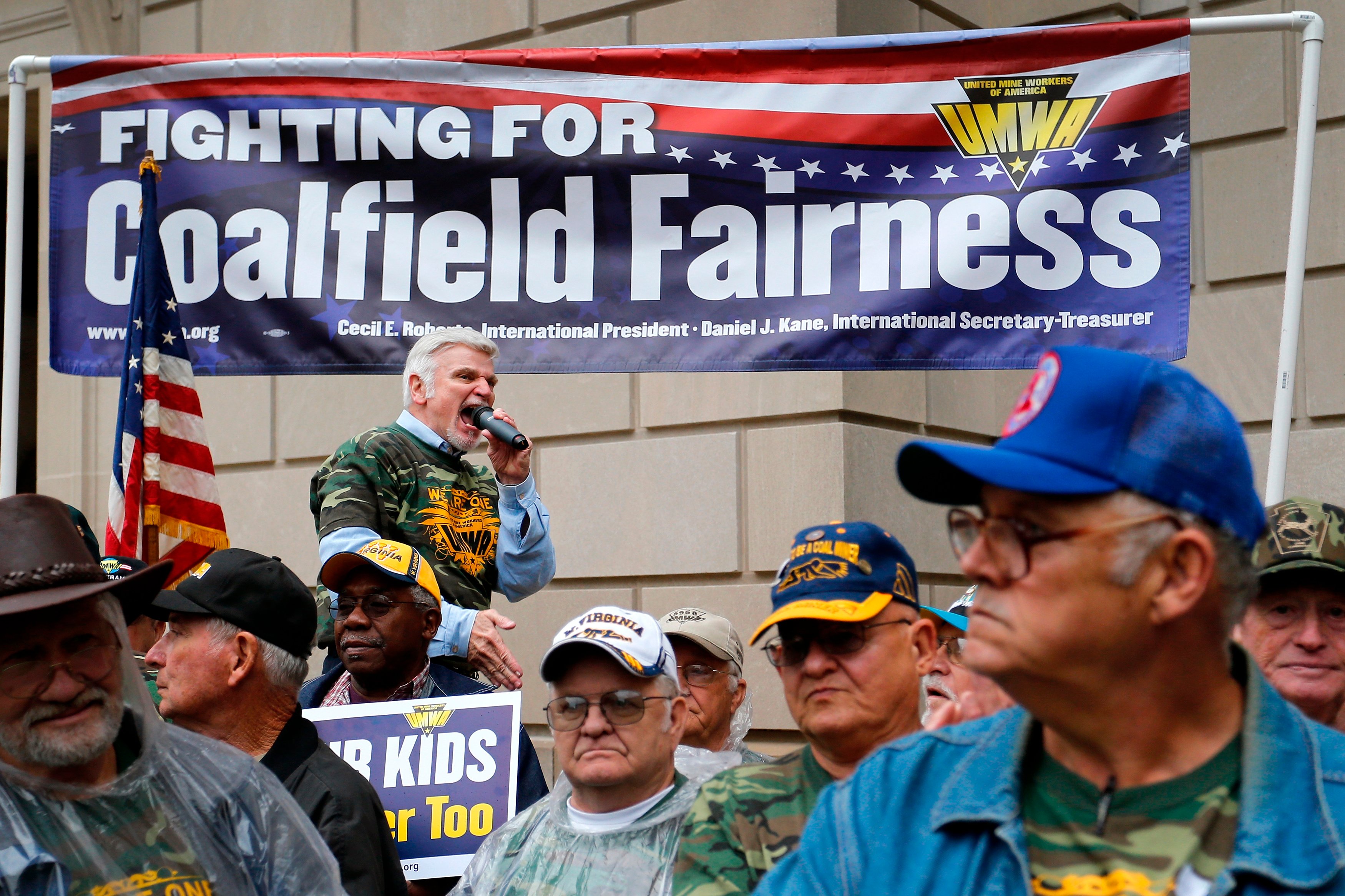 United Mine Workers of America International President Roberts leads his members in a rally outside the U.S. Environmental Protection Agency headquarters in Washington
