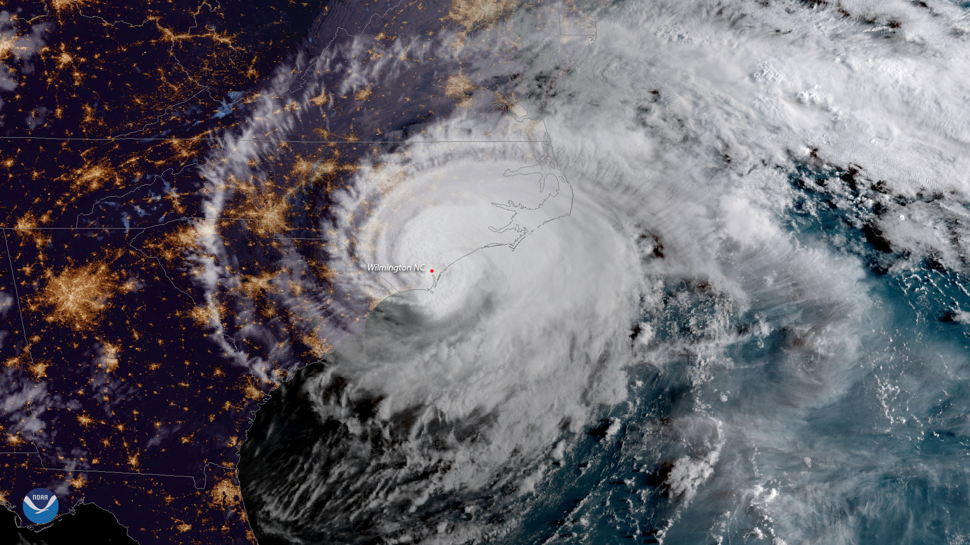 Handout photo of Hurricane Florence is shown from a National Oceanic and Atmospheric Administration (NOAA) #GOESEast satellite shortly after the storm made landfall near Wrightsville Beach, North Carolina