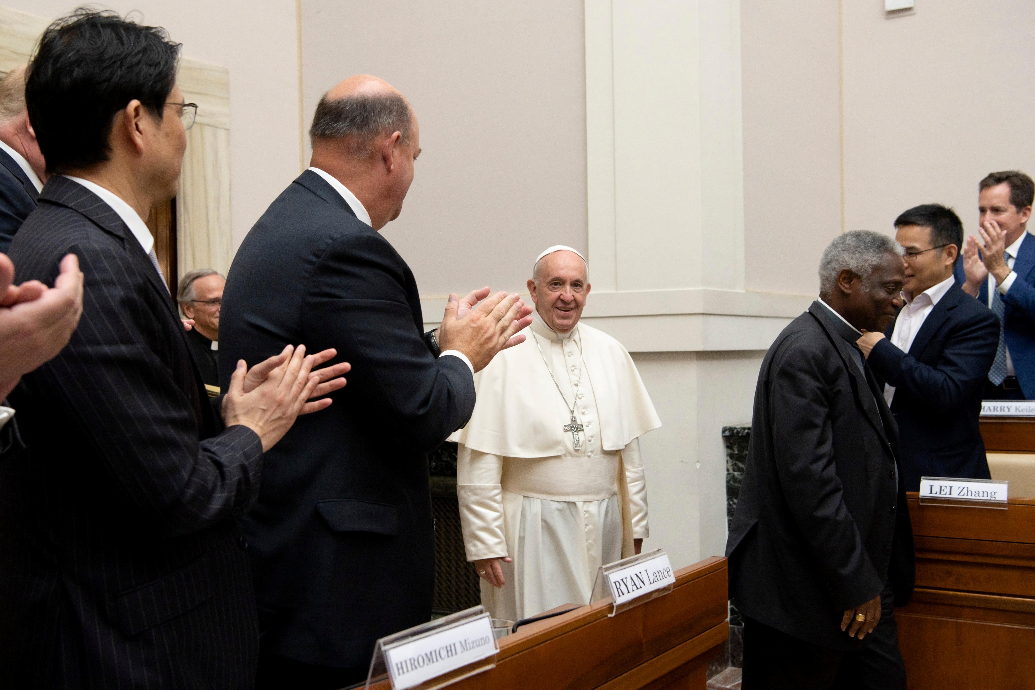 Pope Francis addresses energy representatives at the end of a two-day meeting at the Academy of Sciences, at the Vatican