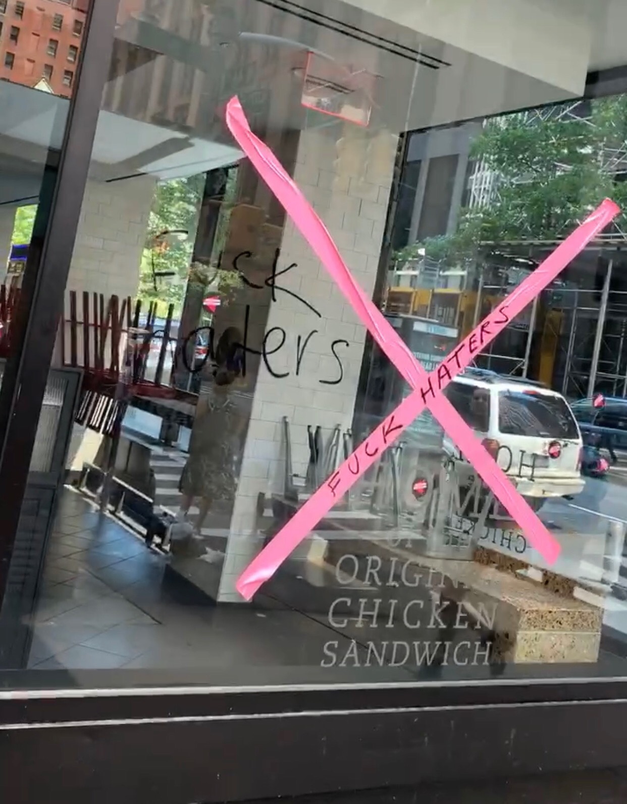 Manhattan Chick-Fil-A vandalized during Pride. Photo provided to the Daily Caller