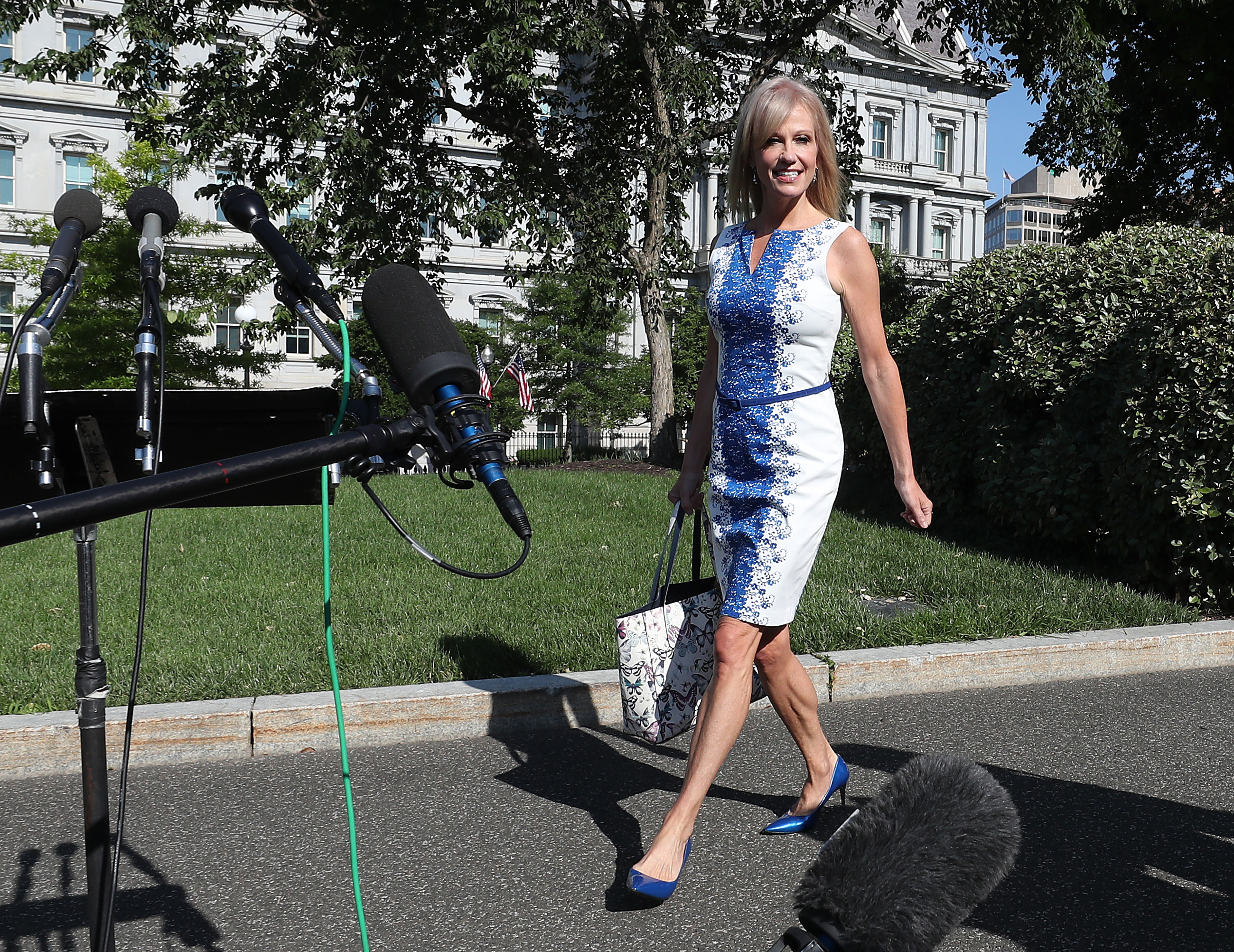 WASHINGTON, DC - JUNE 24: White House Counselor Kellyanne Conway walks up to the media after appearing on a morning talk show on the North Lawn of the White House, on June 24, 2019 in Washington, DC. Conway has been under fire for allegedly violating the Hatch Act. (Photo by Mark Wilson/Getty Images)