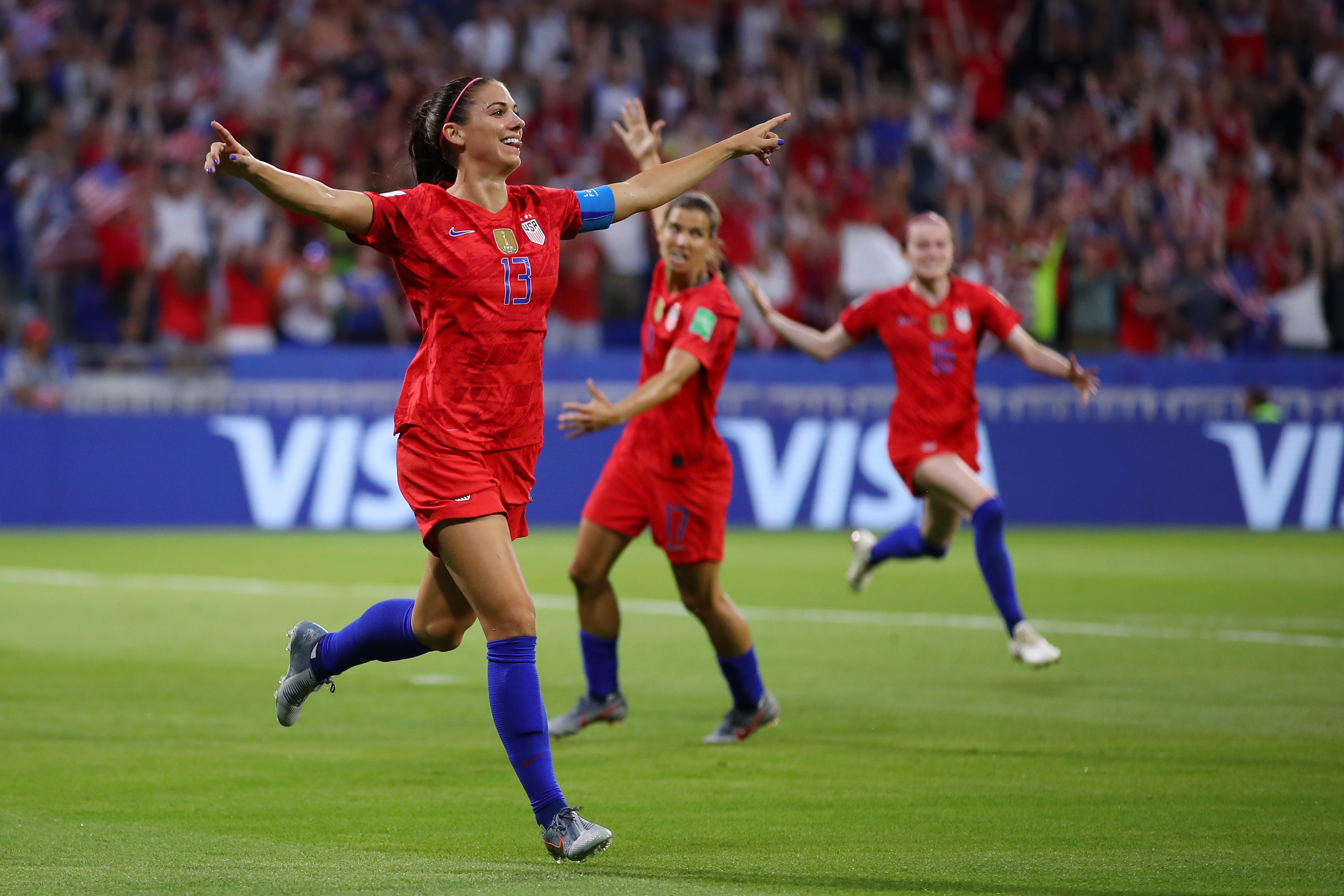 Alex Morgan of the USA celebrates after scoring her team's second goal during the 2019 FIFA Women's World Cup France Semi Final match between England and USA at Stade de Lyon on July 02, 2019 in Lyon, France. (Photo by Richard Heathcote/Getty Images)