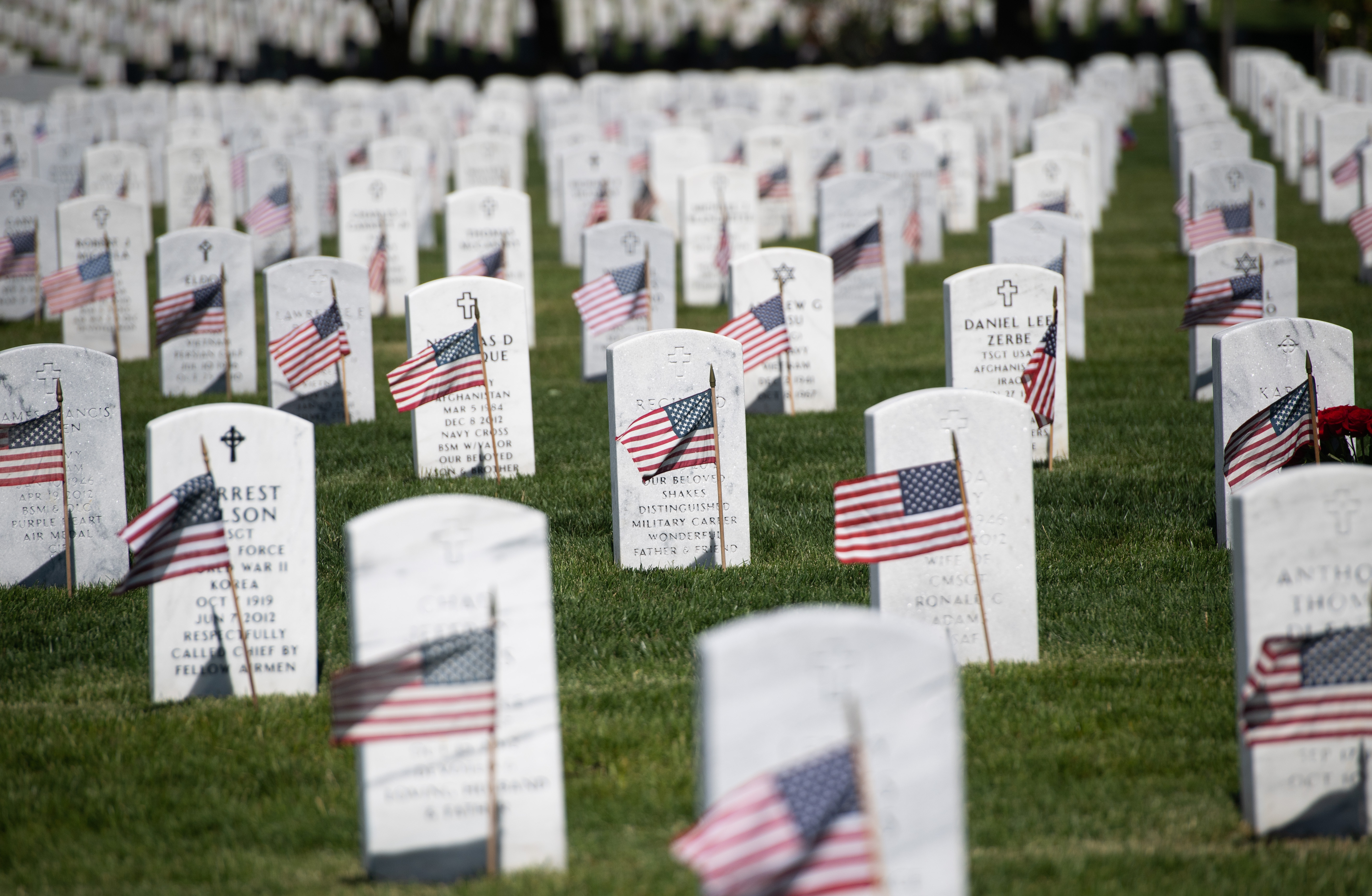 U.S. flags are planted at Arlington National Cemetery on May 24, 2019. (Saul Loeb/AFP/Getty Images)