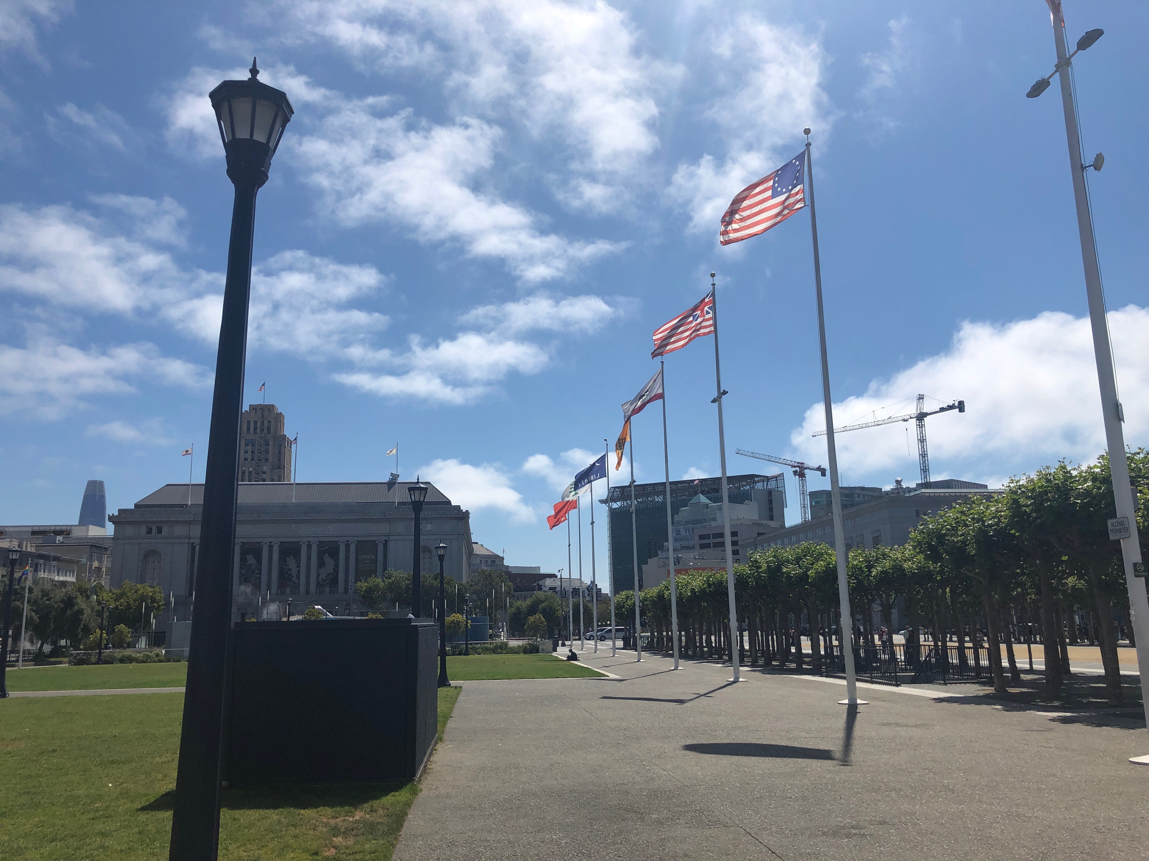 A Betsy Ross flag flying in the "Pavilion of American Flags" outside San Francisco City Hall on July 4, 2019. (DCNF/Courtesy of Bob Tutag)