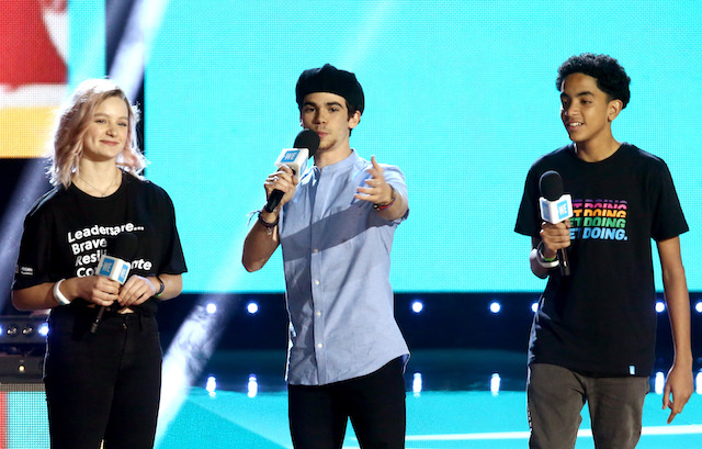 Macy Lillard, Cameron Boyce and Jazzy Satten speak onstage at WE Day California at The Forum on April 25, 2019 in Inglewood, California. (Photo by Tommaso Boddi/Getty Images for WE Day)