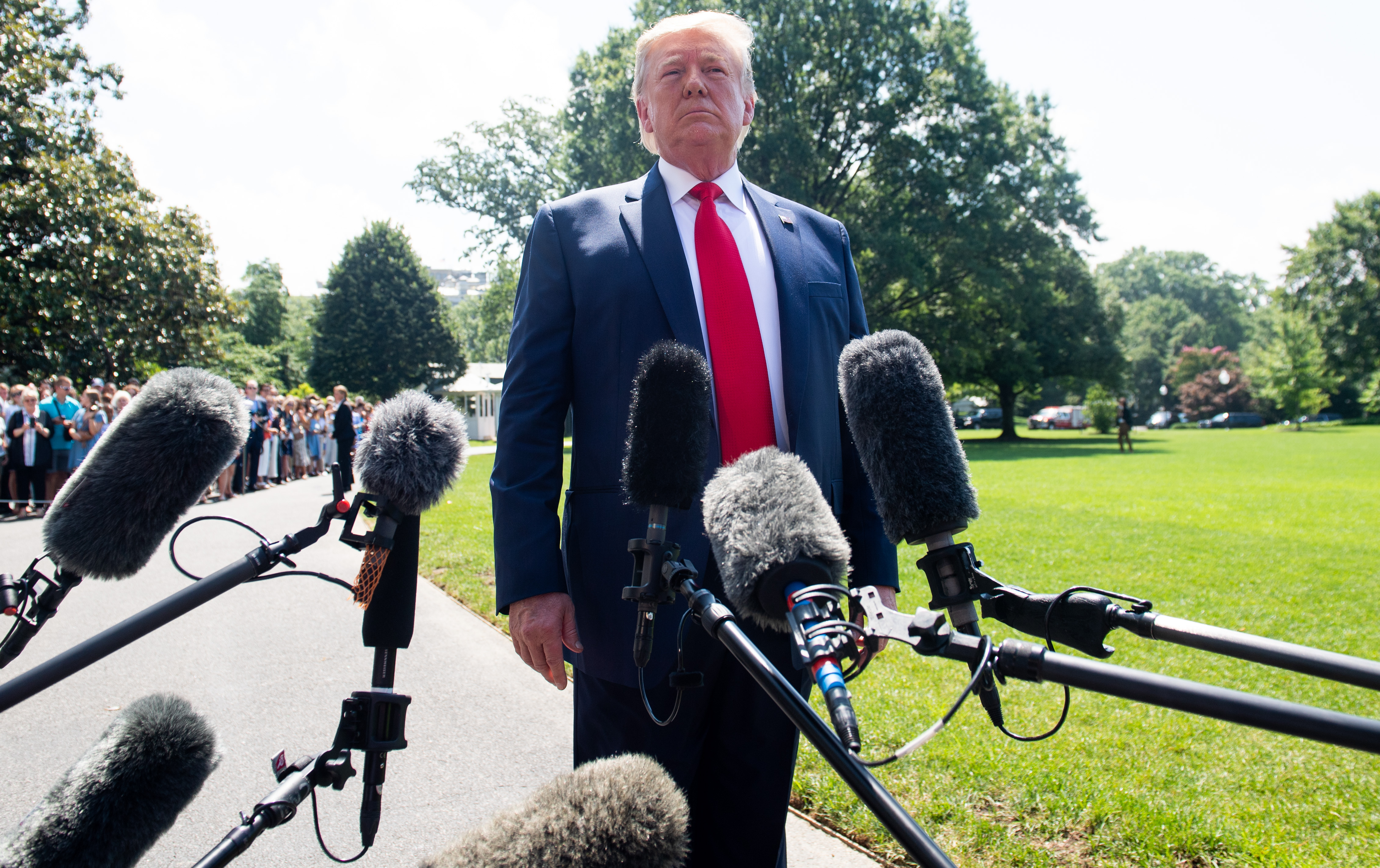 President Donald Trump speaks to the media prior to departing from the South Lawn of the White House on July 5, 2019. (Saul Loeb/AFP/Getty Images)