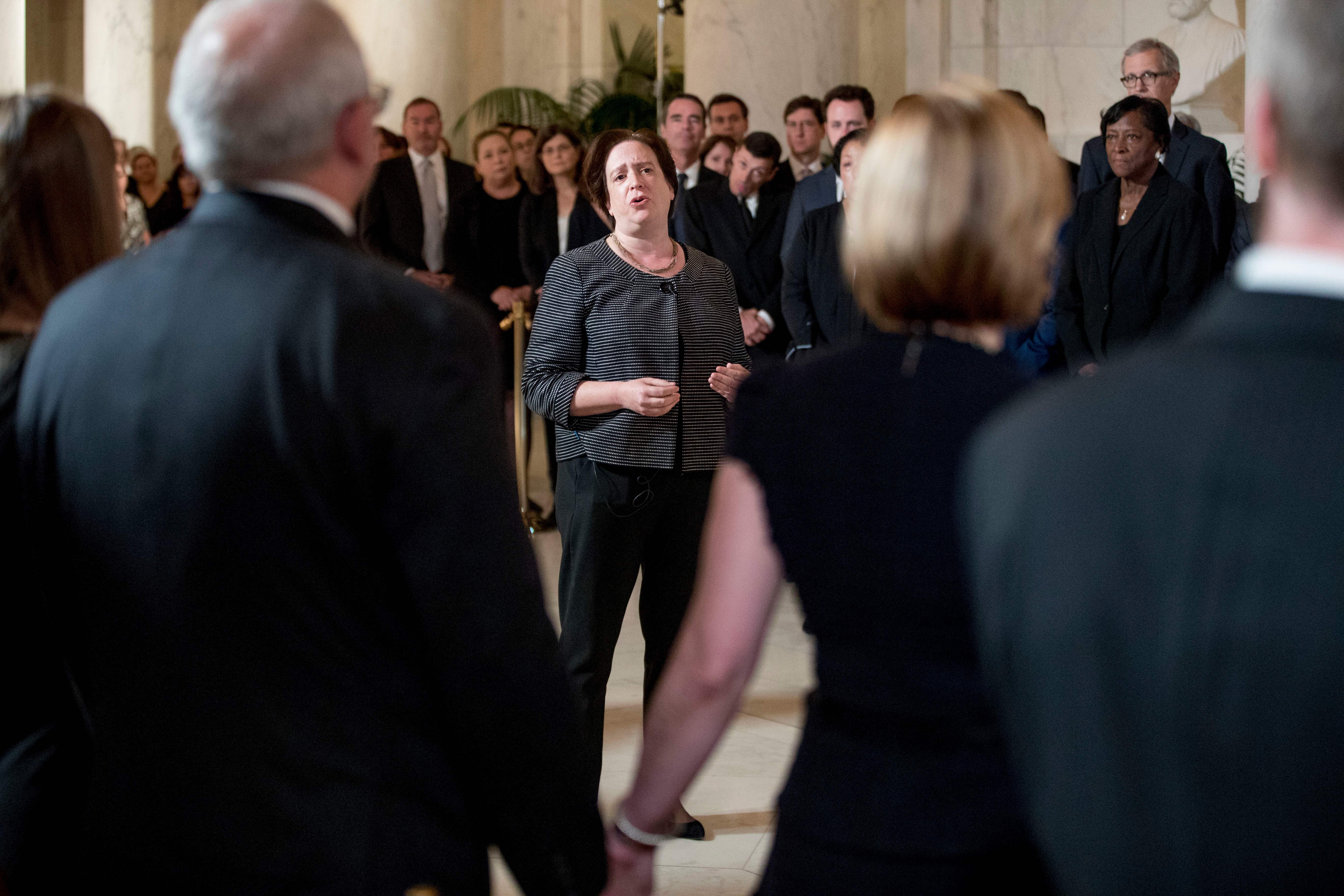Justice Elena Kagan speaks at a private ceremony honoring the late Justice John Paul Stevens. (Andrew Harnik/AFP/Getty Images)