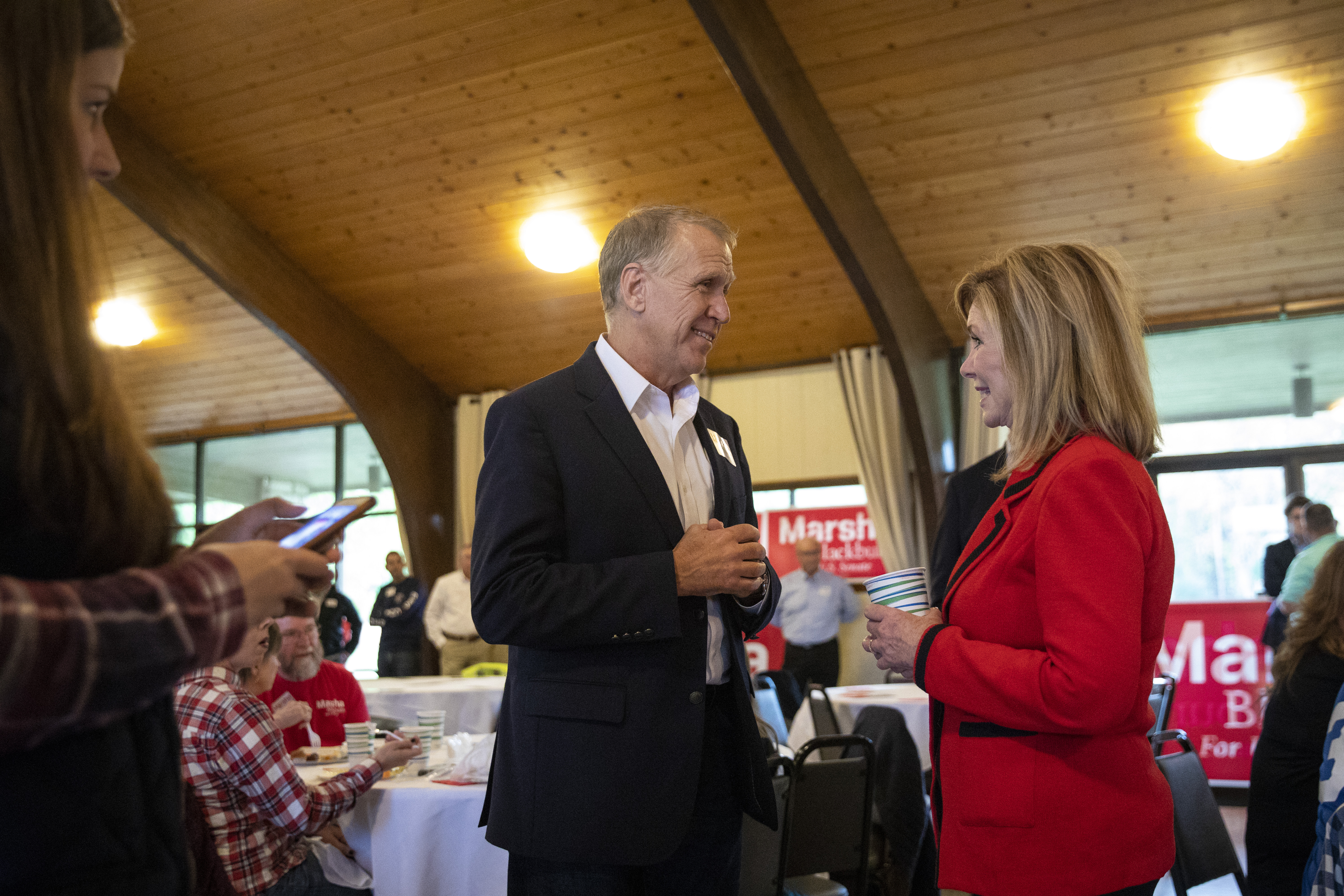 CHAPEL HILL, TN - NOVEMBER 1: (L-R) Sen. Tom Tillis (R-NC) talks with U.S. Rep. Marsha Blackburn (R-TN), Republican candidate for U.S. Senate, during a get-out-the-vote rally at Henry Horton State Park, November 1, 2018 in Chapel Hill, Tennessee. Blackburn, who represents Tennessee's 7th Congressional district in the U.S. House, is running in a tight race against Democratic candidate Phil Bredesen, a former governor of Tennessee. The two are competing to fill the Senate seat left open by Sen. Bob Corker (R-TN), who opted to not seek reelection. (Photo by Drew Angerer/Getty Images)