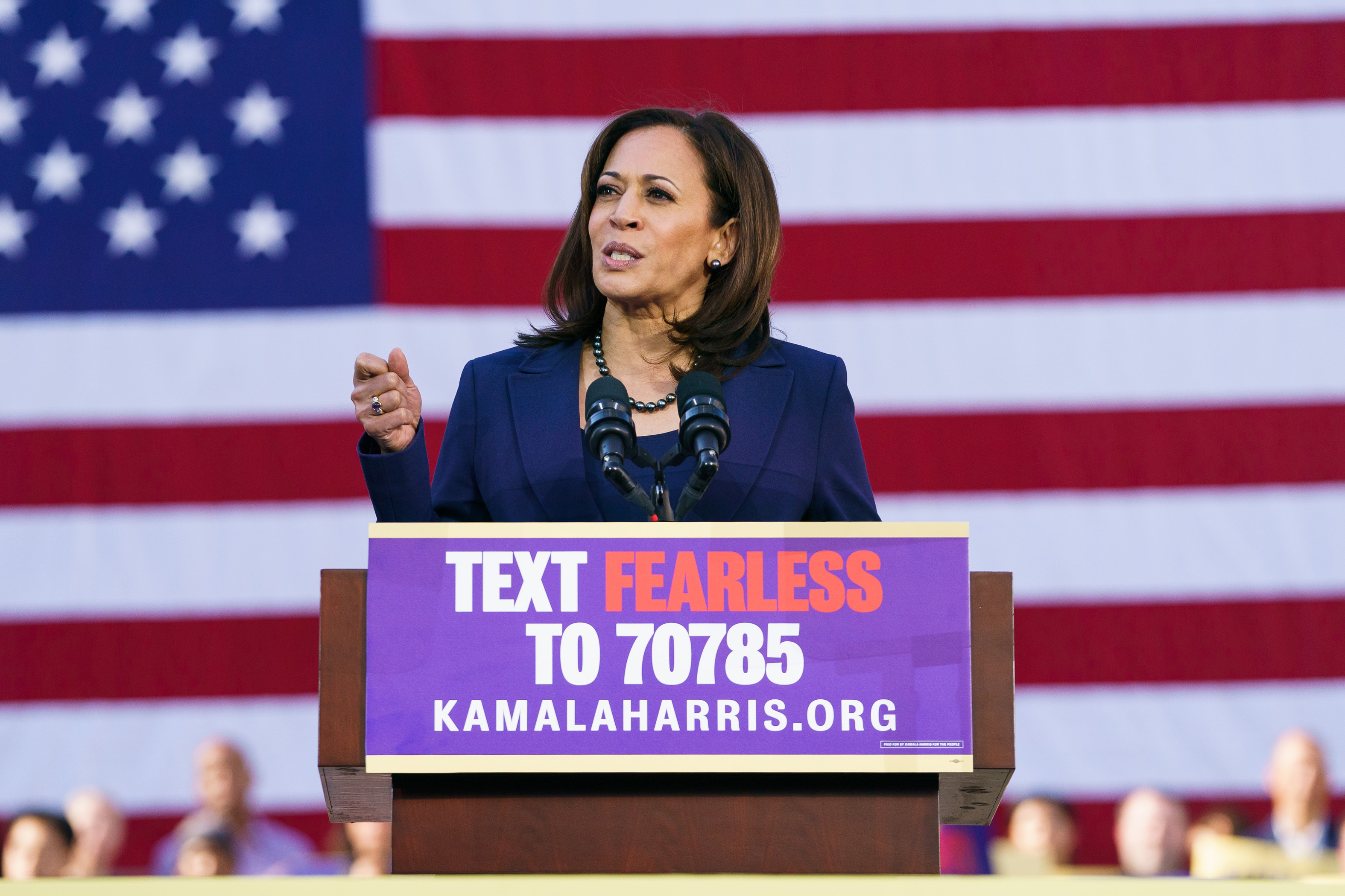 U.S. Senator Kamala Harris (D-CA) speaks to her supporters during her presidential campaign launch rally in Frank H. Ogawa Plaza on January 27, 2019, in Oakland, California. Twenty thousand people turned out to see the Oakland native launch her presidential campaign in front of Oakland City Hall. (Photo by Mason Trinca/Getty Images)