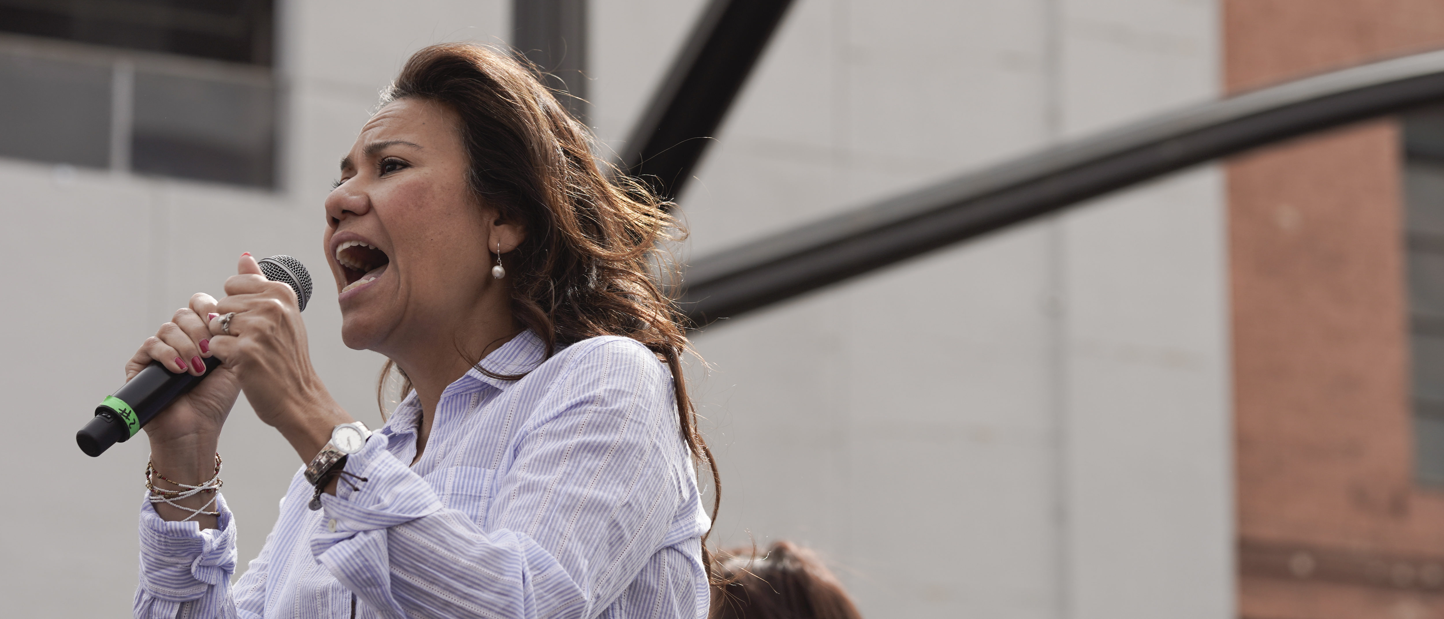 Texas Congresswoman Veronica Escobar speaks to Beto O'Rourke supporters during Beto O'Rourke's presidential campaign kickoff rally downtown El Paso, Texas on March 30, 2019. - After running a close race for Texas senate against Senator Ted Cruz, ORourke is now a major contender in the Democratic primary race. (Photo by PAUL RATJE / AFP)