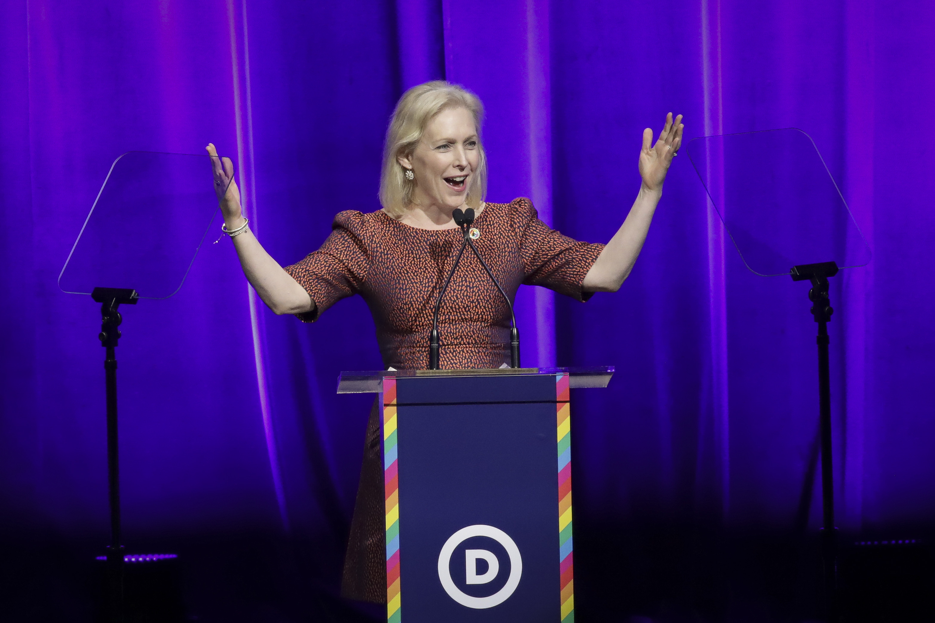 2020 Democratic presidential candidate Sen. Kirsten Gillibrand (D-NY) speaks at the Democratic National Committee's annual LGBTQ gala, a fundraising event. (Drew Angerer/Getty Images)