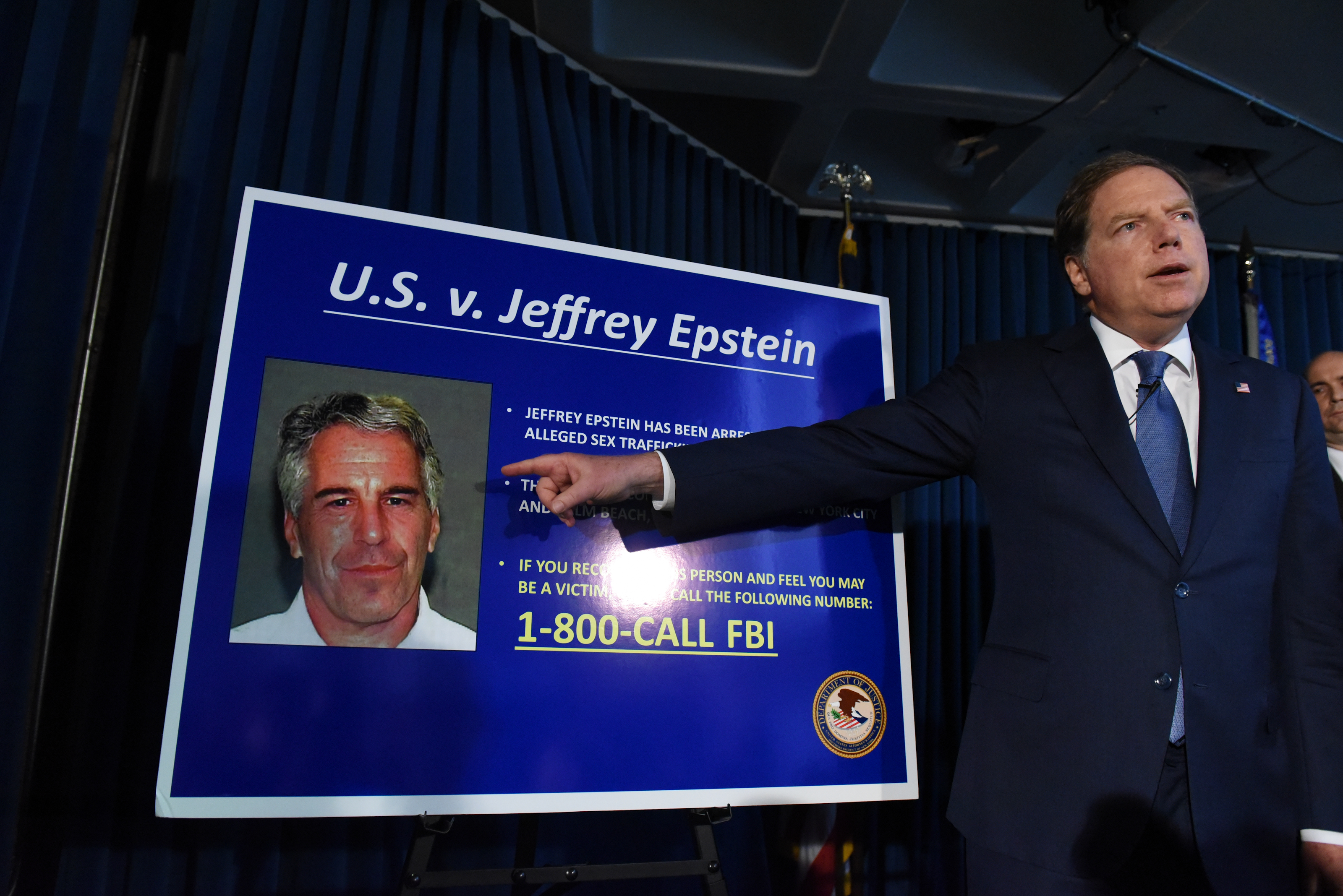 NEW YORK, NY - JULY 08: US Attorney for the Southern District of New York Geoffrey Berman announces charges against Jeffery Epstein on July 8, 2019 in New York City. Epstein will be charged with one count of sex trafficking of minors and one count of conspiracy to engage in sex trafficking of minors. (Photo by Stephanie Keith/Getty Images)