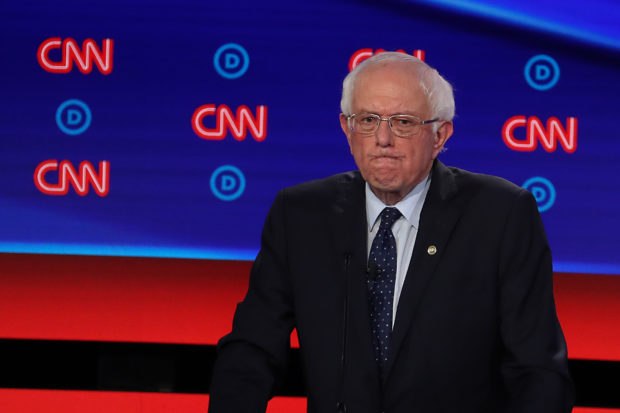DETROIT, MICHIGAN - JULY 30: Democratic presidential candidate Sen. Bernie Sanders (I-VT) gestures during the Democratic Presidential Debate at the Fox Theatre July 30, 2019 in Detroit, Michigan. 20 Democratic presidential candidates were split into two groups of 10 to take part in the debate sponsored by CNN held over two nights at Detroit’s Fox Theatre. (Photo by Justin Sullivan/Getty Images)