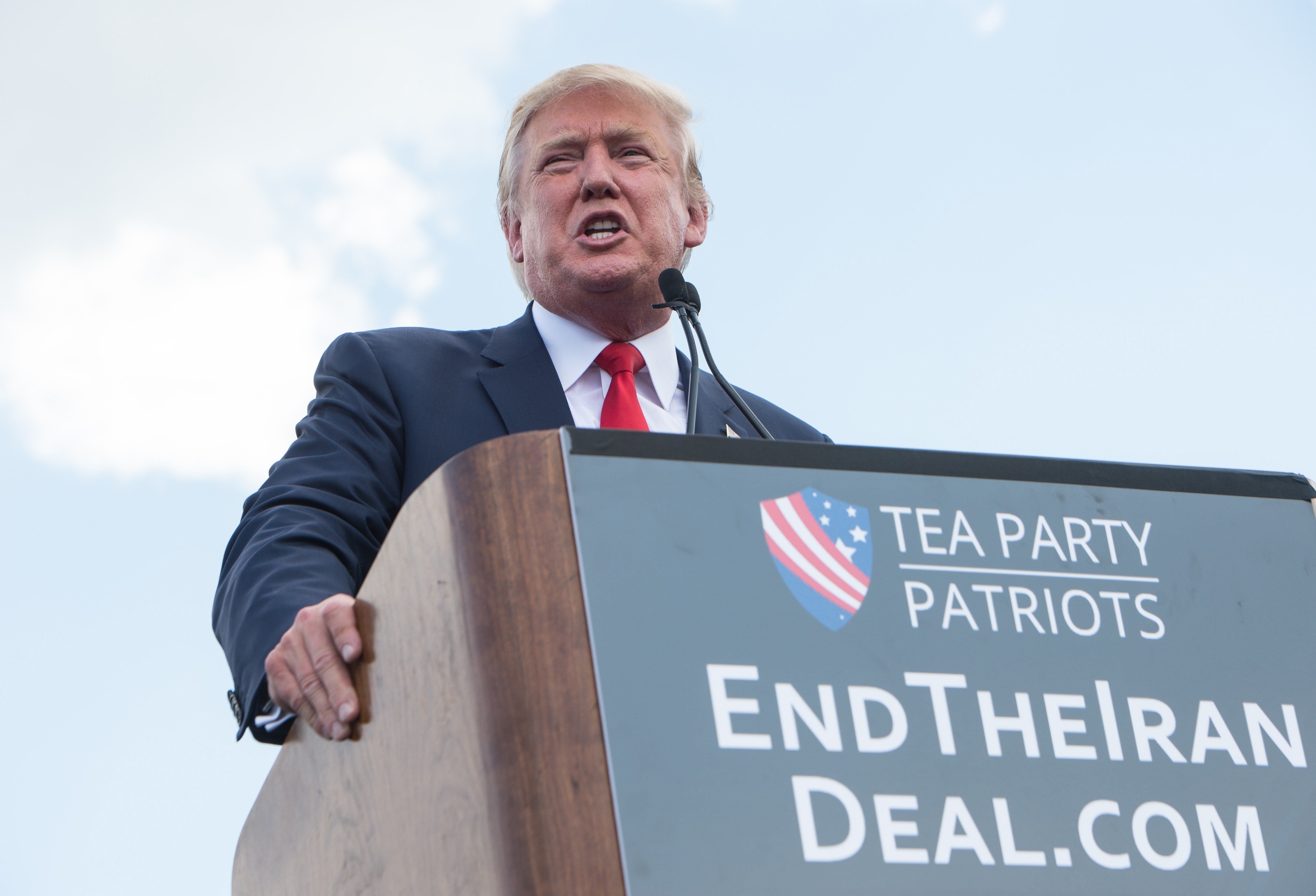 US Republican presidential candidate Donald Trump speaks at a rally organized by the Tea Party Patriots against the Iran nuclear deal in front of the Capitol in Washington, DC, on September 9, 2015. AFP PHOTO/NICHOLAS KAMM (Photo credit should read NICHOLAS KAMM/AFP/Getty Images)