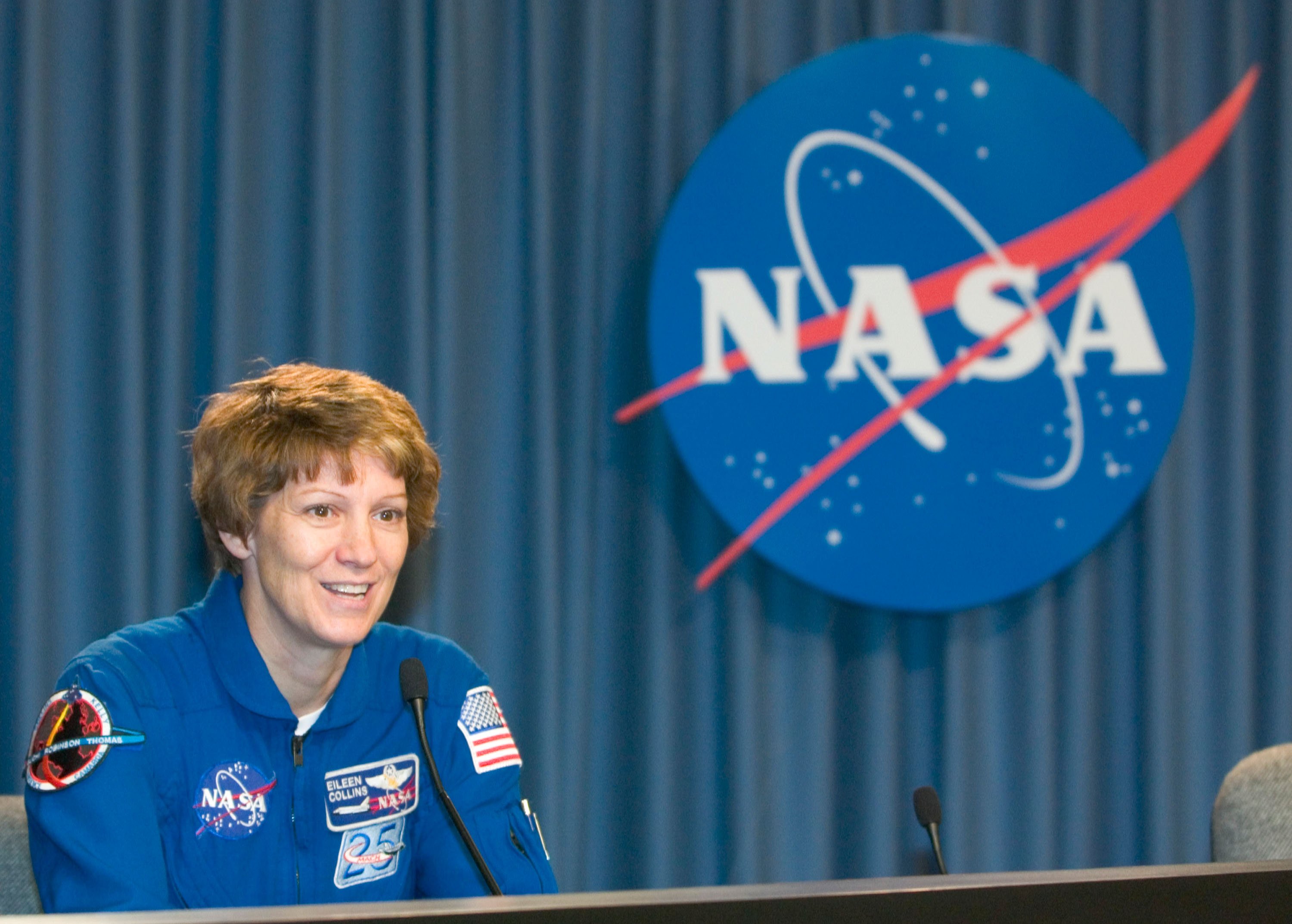 Space Shuttle Discovery commander Eileen Collins of Elmira, New York, addresses the news media after completing the Terminal Countdown Demonstration Test at Kennedy Space Center May 4, 2005 in Cape Canaveral, Florida. (Photo by Matt Stroshane/Getty Images)
