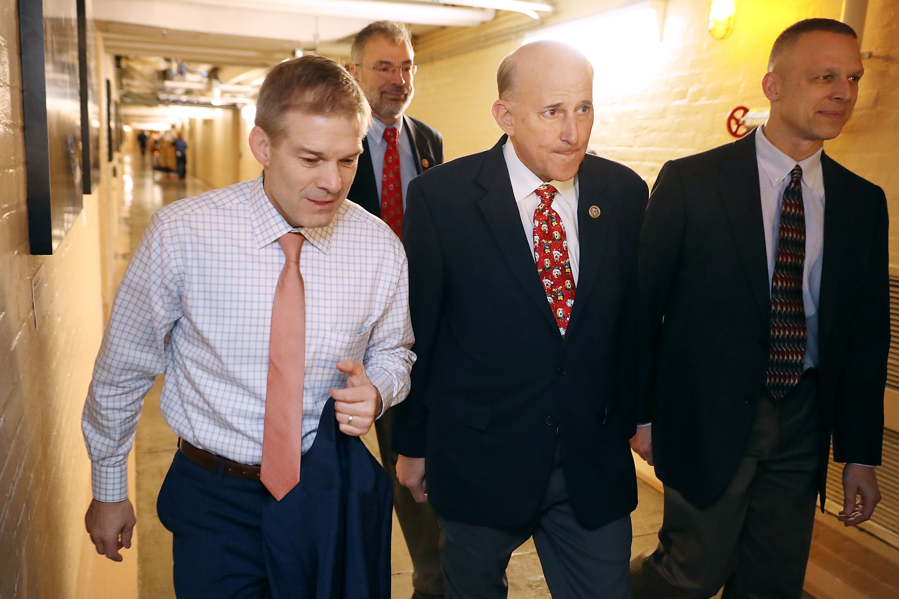 Members of the House Freedom Caucus Rep. Jim Jordan, Rep. Louie Gohmert arrive for a House Republican Conference meeting in the basement of the U.S. Capitol December 18, 2017 in Washington, DC. (Photo by Chip Somodevilla/Getty Images)