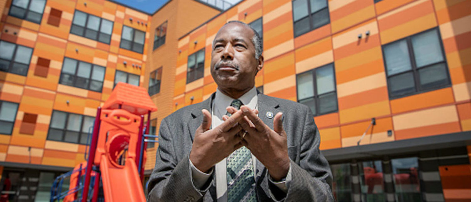 Minneapolis, MN-June 18: Housing and Urban Development Secretary Ben Carson spoke to the media after a small tour of the EcoVillage Apartments, a community of affordable housing. (Photo by Elizabeth Flores/Star Tribune via Getty Images)