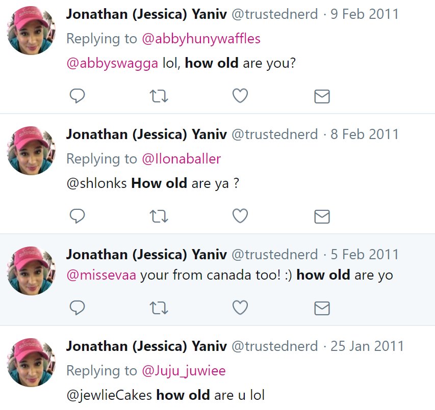Jessica Yaniv, under the name Jonathan Yaniv, asked women or girls their age over Twitter in 2011. (Screenshot/Twitter/@trustednerd)