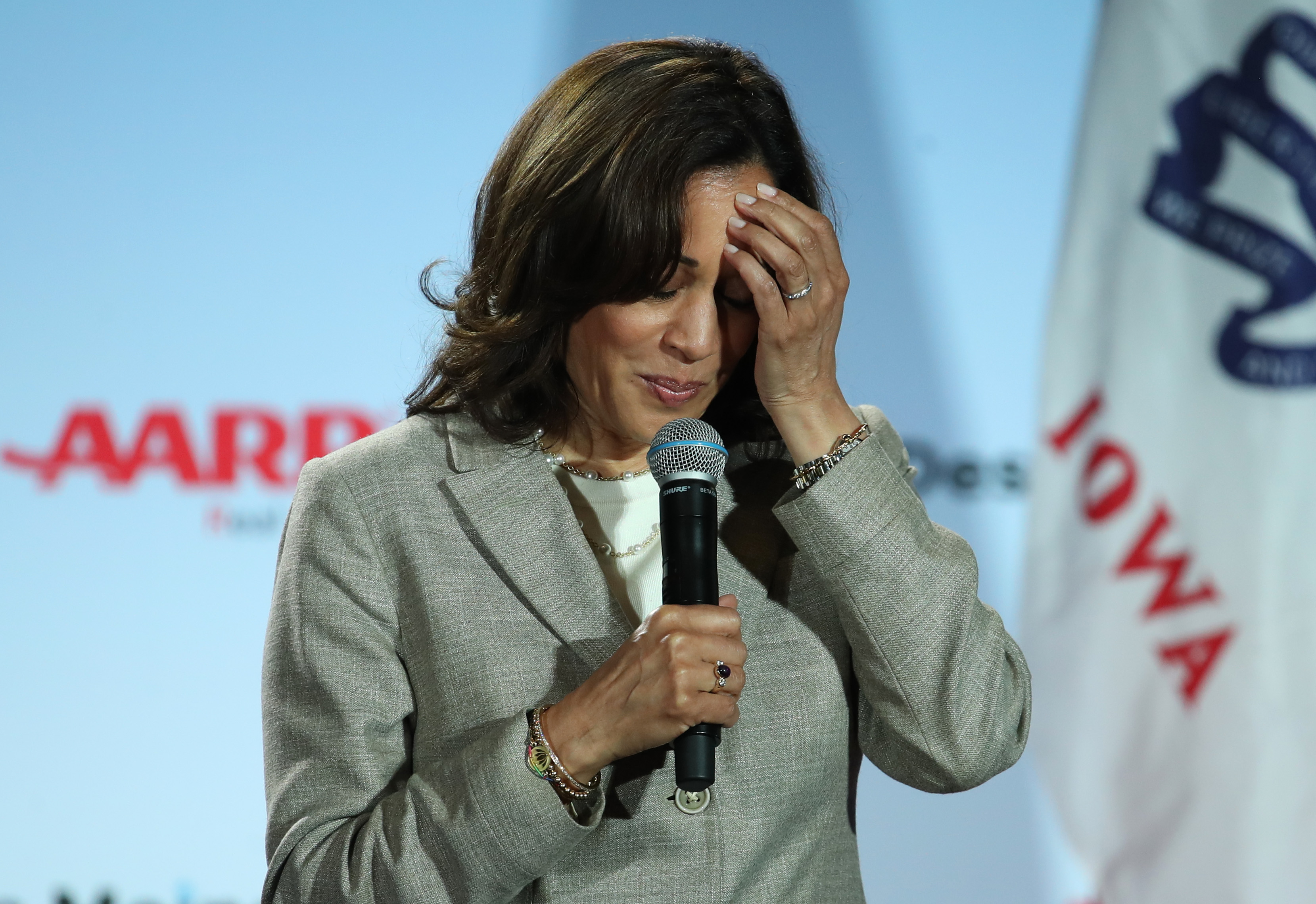 BETTENDORF, IOWA - JULY 16: Democratic presidential candidate U.S. Sen. Kamala Harris (D-CA) speaks during the AARP and The Des Moines Register Iowa Presidential Candidate Forum on July 16, 2019 in Bettendorf, Iowa. Twenty democratic presidential candidates are participating in the AARP and Des Moines Register candidate forums that will feature four candidates per forum that are being to be held in cities across Iowa over five days. (Photo by Justin Sullivan/Getty Images)