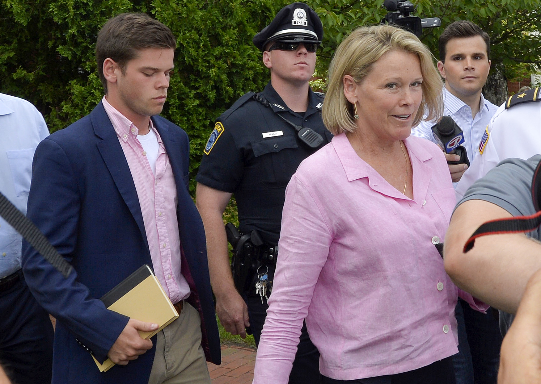 Heather Unruh (R) and her family leave the court house after a pre-trial hearing in the Kevin Spacey sexual assault case at Nantucket District Court in Nantucket, Massachusetts on July 8, 2019. (Photo credit JOSEPH PREZIOSO/AFP/Getty Images)