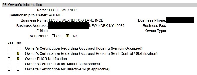 Leslie Wexner identified as the owner of Jeffrey Epstein's 9 East 71st Street property in a 2002 work permit. (Screenshot/NYC Department of Buildings)