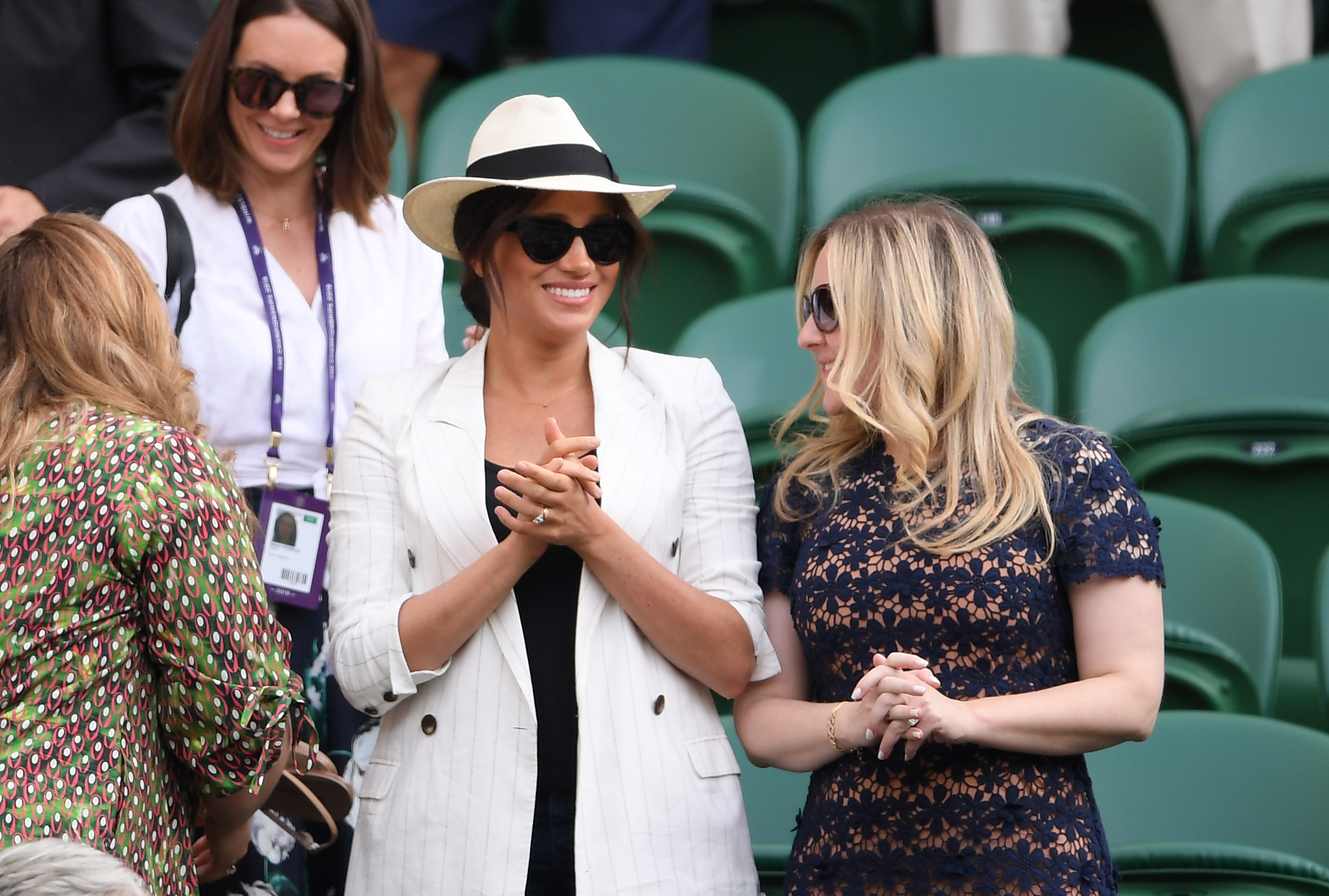  Meghan Markle, Duchess of Sussex watches on during the ladies' Singles Second round match between Serena Williams of The United States and Kaja Juvan of Slovenia during Day four of The Championships - Wimbledon 2019 at All England Lawn Tennis and Croquet Club on July 04, 2019 in London, England. (Photo by Laurence Griffiths/Getty Images)
