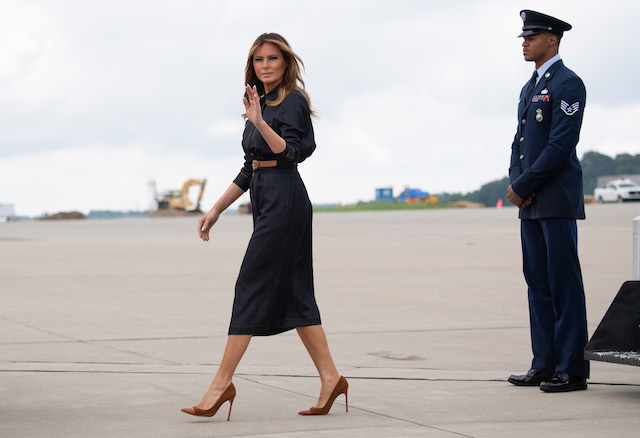 US First Lady Melania Trump disembarks from her military airplane upon arrival at Huntington Tri-State Airport in Huntington, West Virginia, July 8, 2019, as she travels to speak about the opioid epidemic. (Photo credit should read SAUL LOEB/AFP/Getty Images)