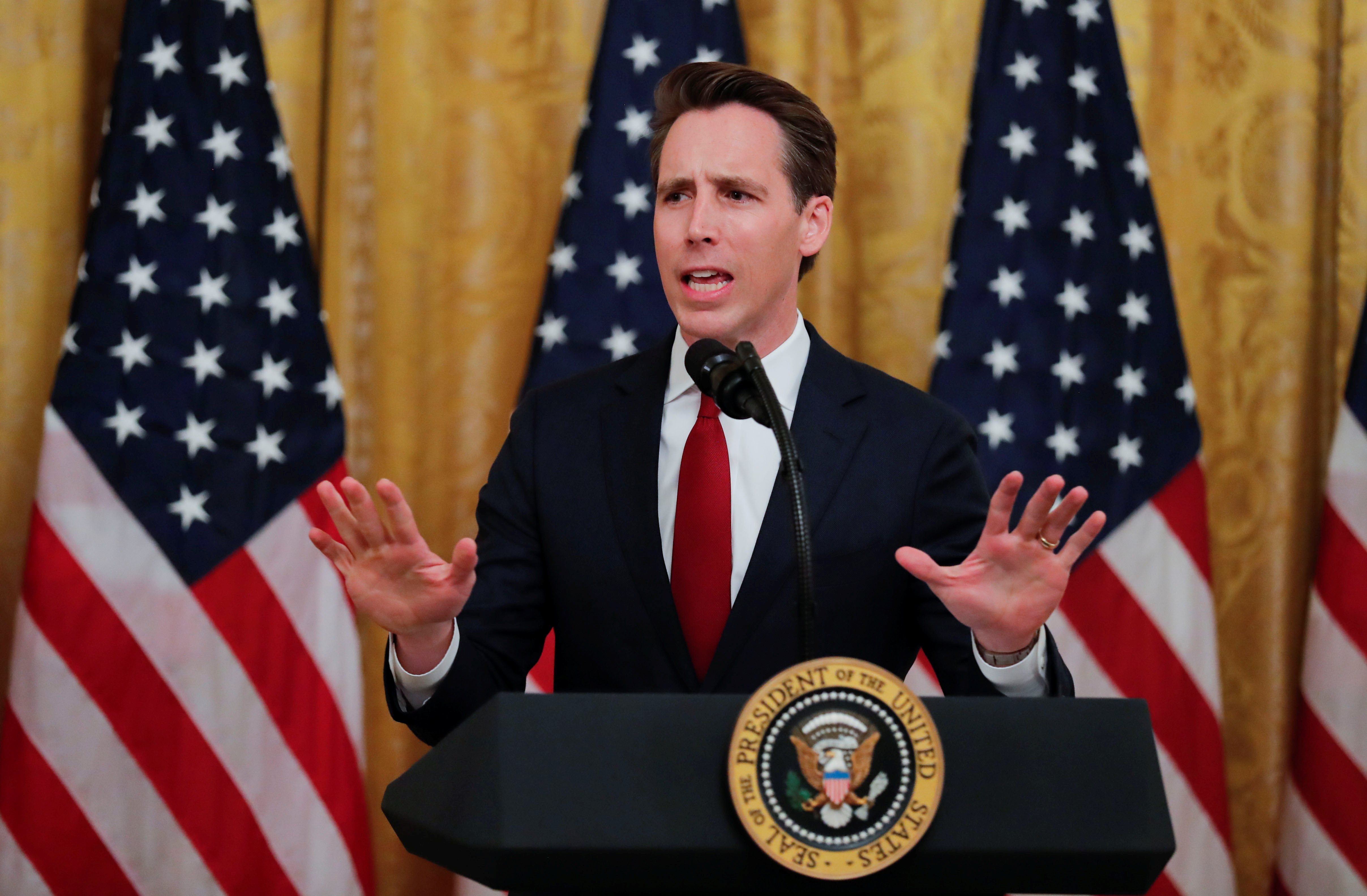 U.S. Senator Josh Hawley addresses U.S. President Donald Trump's social media summit with prominent conservative social media figures in the East Room of the White House in Washington, U.S., July 11, 2019. REUTERS/Carlos Barria