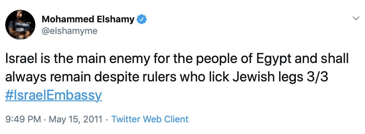 Two tweets by Elshamy refer to Jewish people as "pigs" and contain anti-Israel language. (Screenshot Twitter/Mohammed Elshamy)