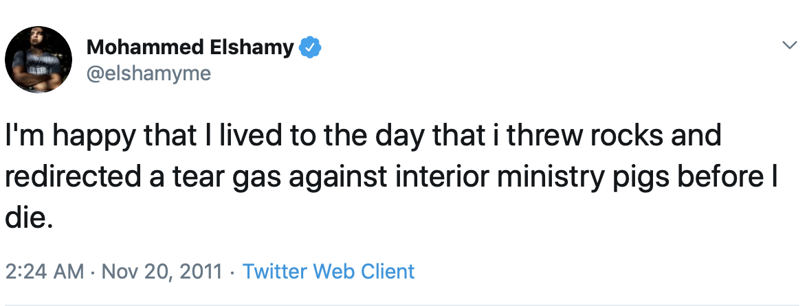 A tweet from the former CNN photo editor reads that he is happy to have attacked "interior ministry pigs." (Screenshot Twitter/Mohammed Elshamy)