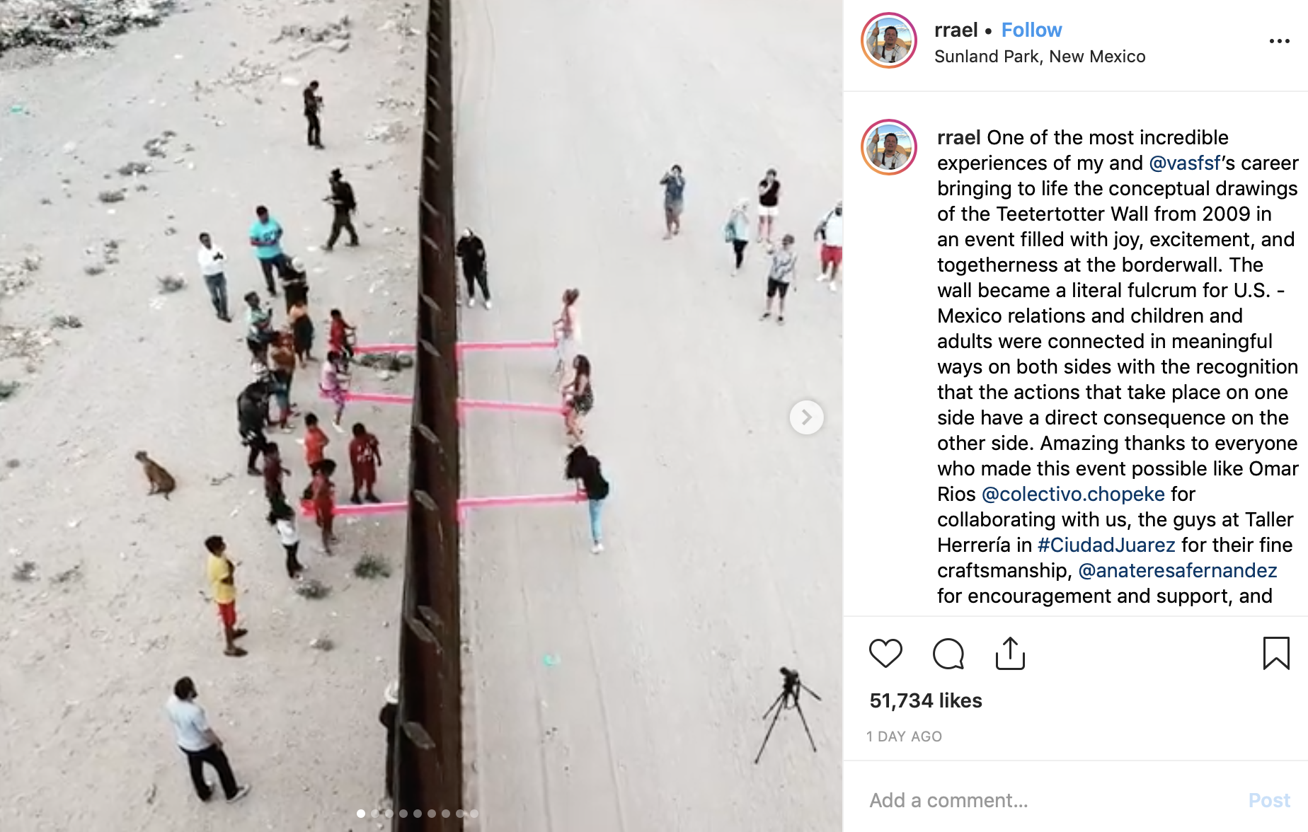 Bright pink seesaws were placed between the U.S.-Mexico border. (Screenshot Instagram/Ronald Rael @rrael Instagram)