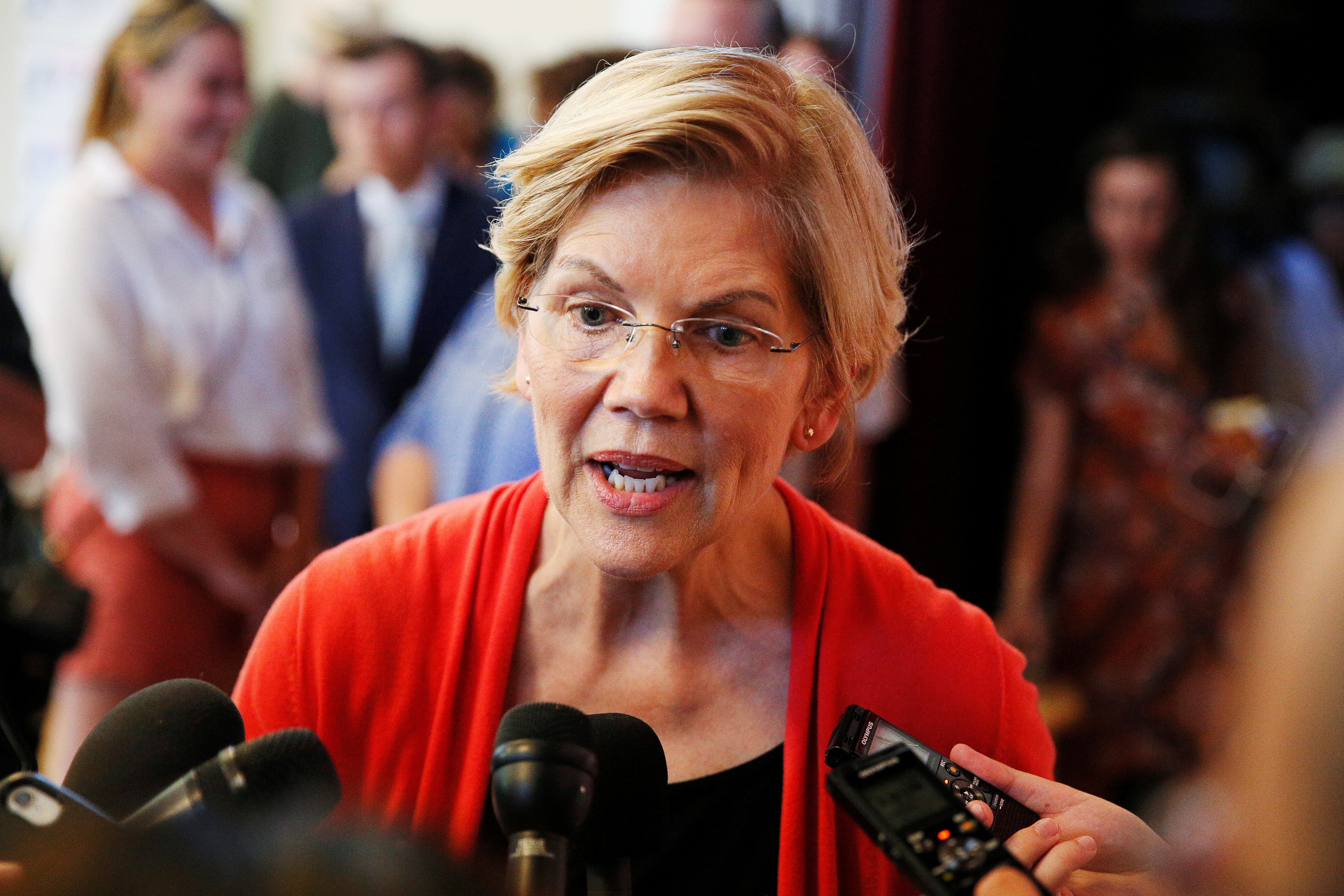 Democratic 2020 U.S. presidential candidate Sen. Elizabeth Warren speaks to members of the media during a town hall at the Peterborough Town House in Peterborough, New Hampshire