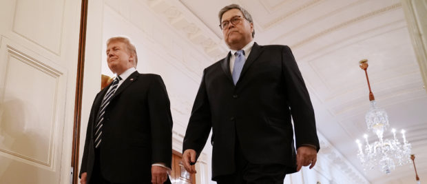 President Donald Trump and Attorney General William Barr arrive together at a ceremony in the East Room of the White House on May 22, 2019. (Chip Somodevilla/Getty Images)