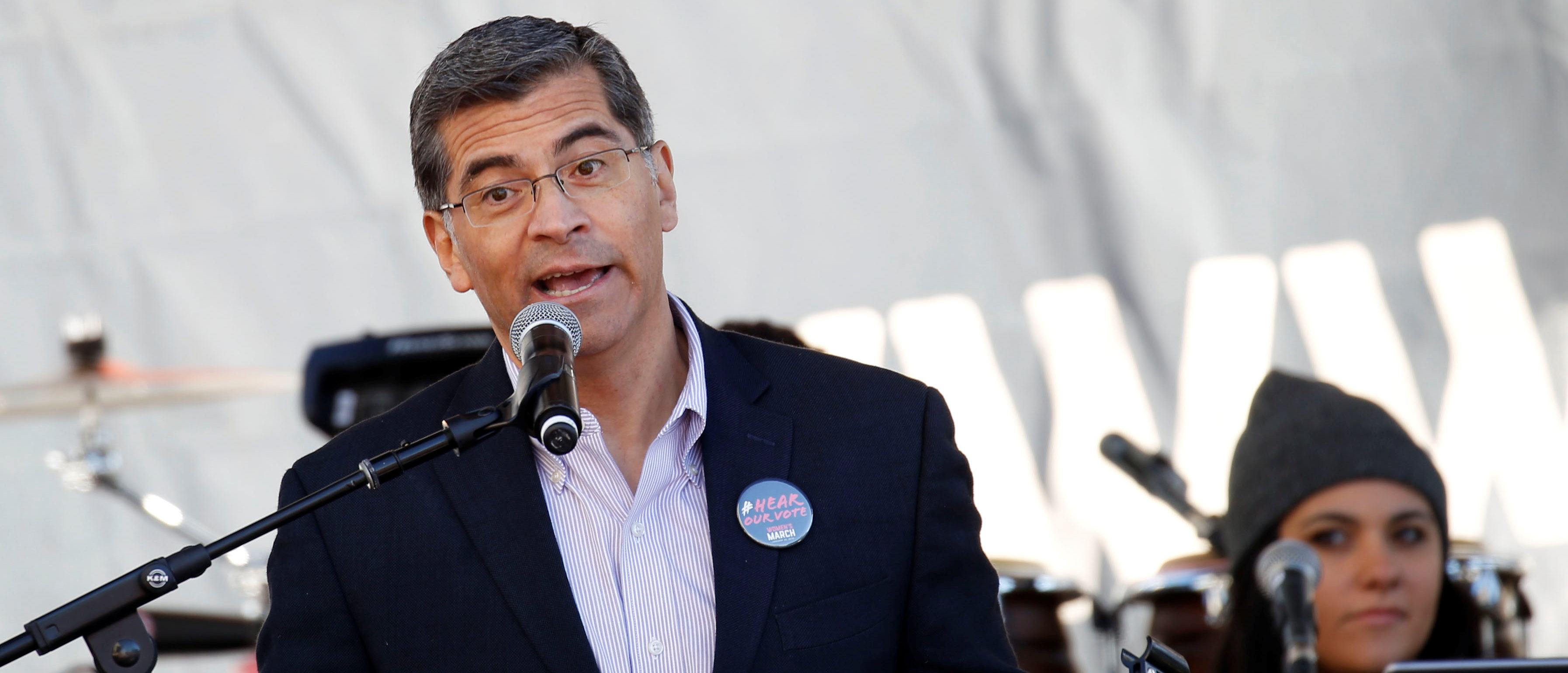 California Attorney General Xavier Becerra speaks at the second annual Women's March in Los Angeles, California