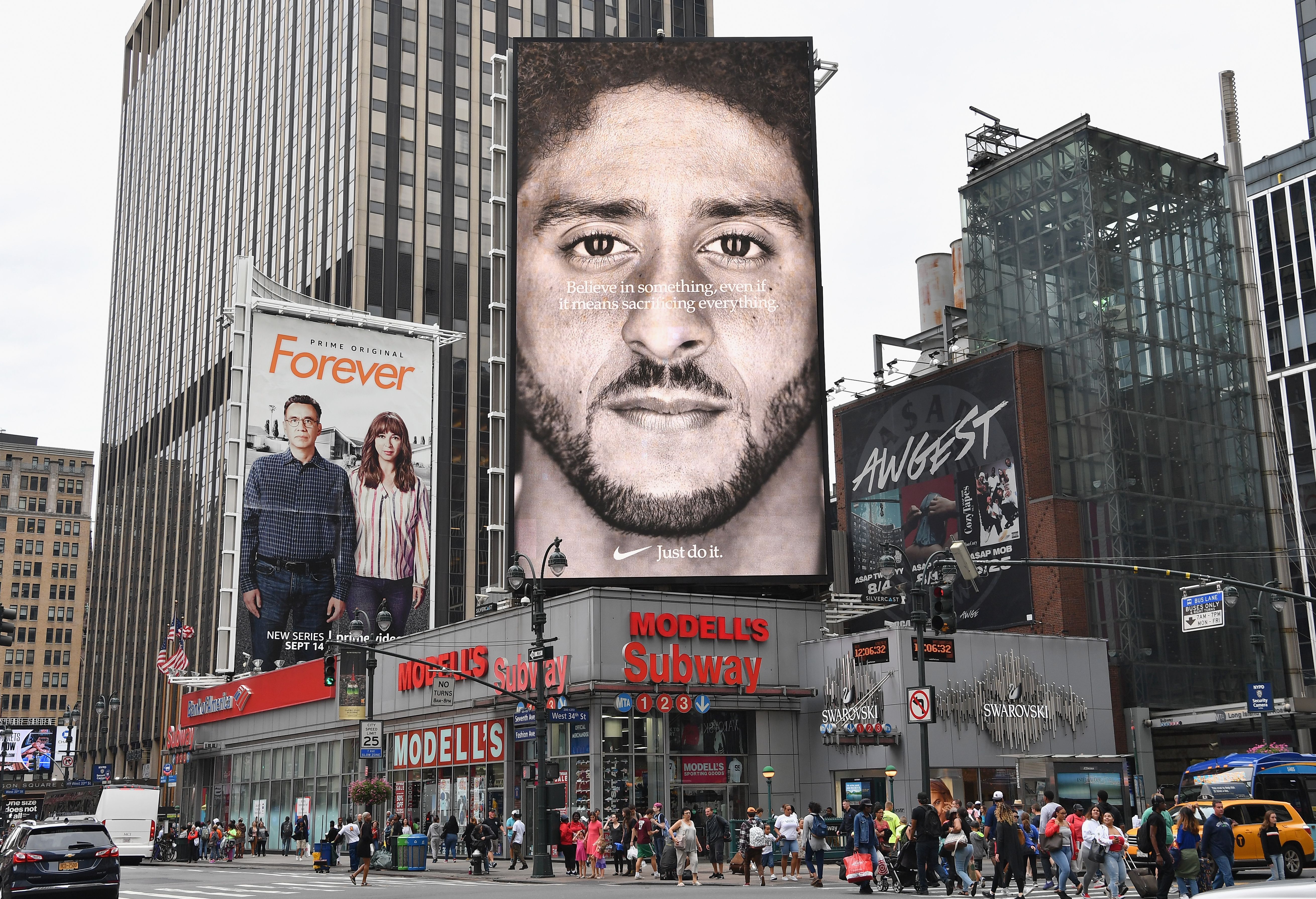 A Nike Ad featuring American football quarterback Colin Kaepernick is on diplay September 8, 2018 in New York City. (ANGELA WEISS/AFP/Getty Images)