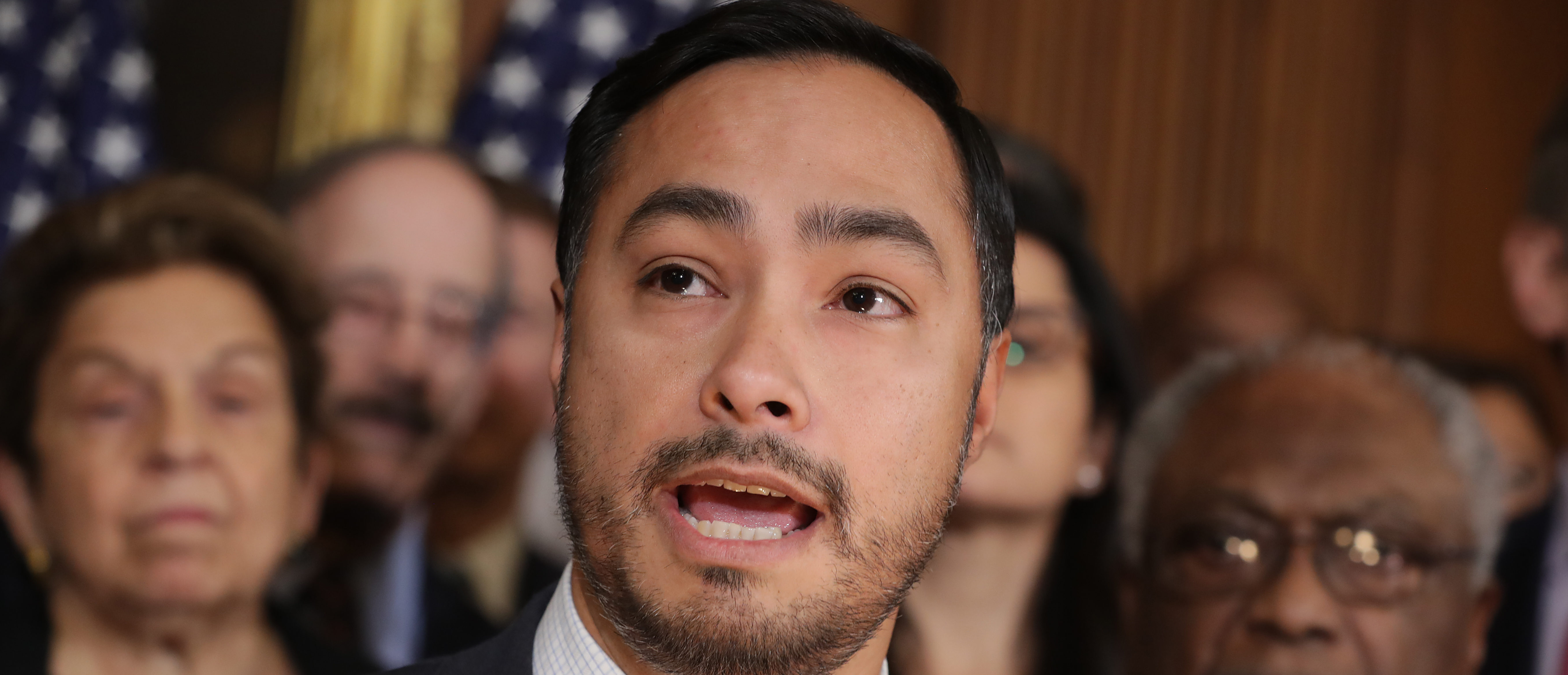 Rep. Joaquin Castro (D-TX) speaks during a news conference about the resolution he has sponsored to terminate President Donald Trump's emergency declaration February 25, 2019 in Washington, DC. (Chip Somodevilla/Getty Images)