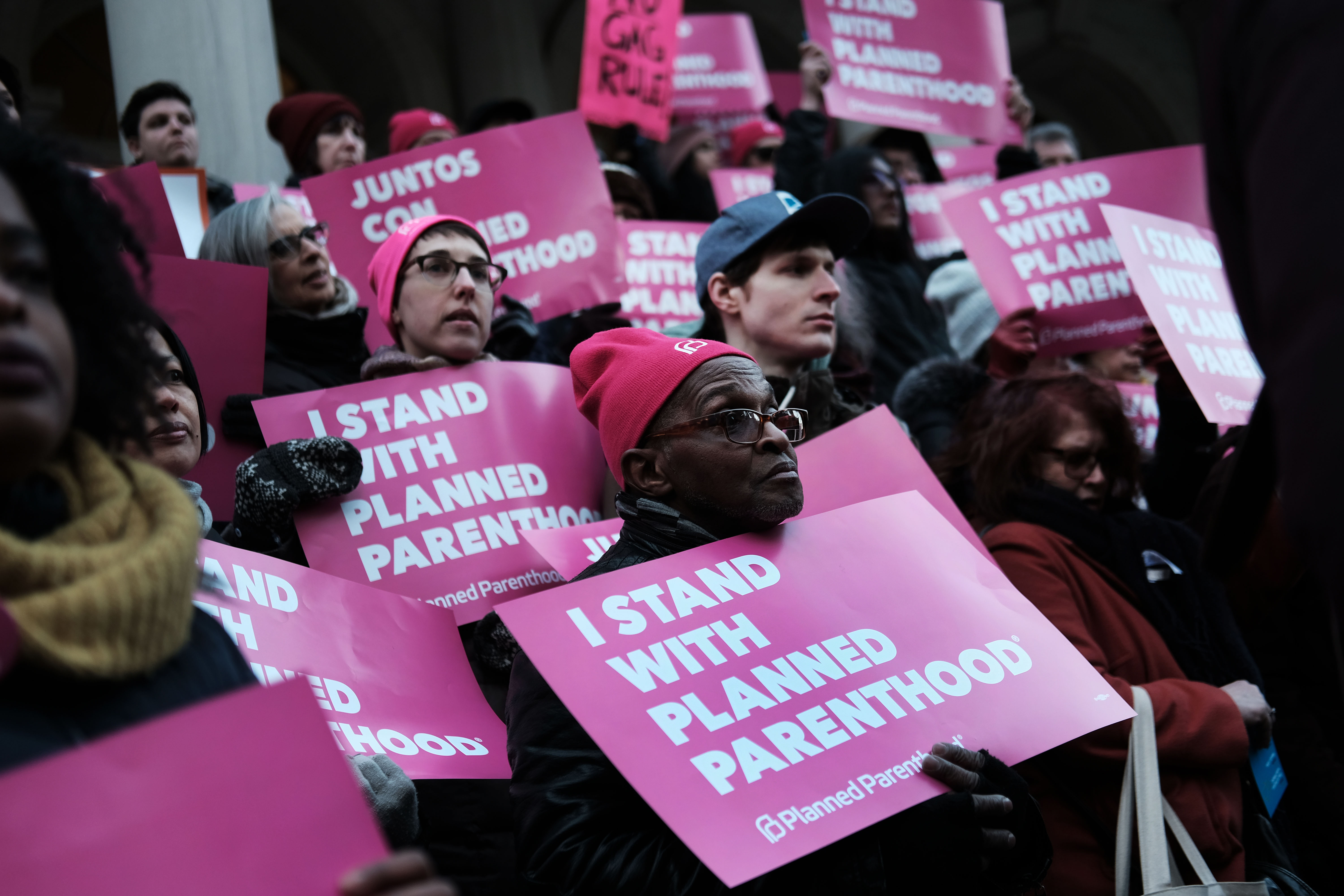 NEW YORK, NEW YORK - FEBRUARY 25: Pro-choice activists, politicians and others associated with Planned Parenthood gather for a news conference and demonstration at City Hall against the Trump administrations title X rule change on February 25, 2019 in New York City. The proposed final rule for the Title X Family Planning Program, called the “Gag Rule,” would force a medical provider receiving federal assistance to refuse to promote, refer for, perform or support abortion as a method of family planning. (Photo by Spencer Platt/Getty Images)