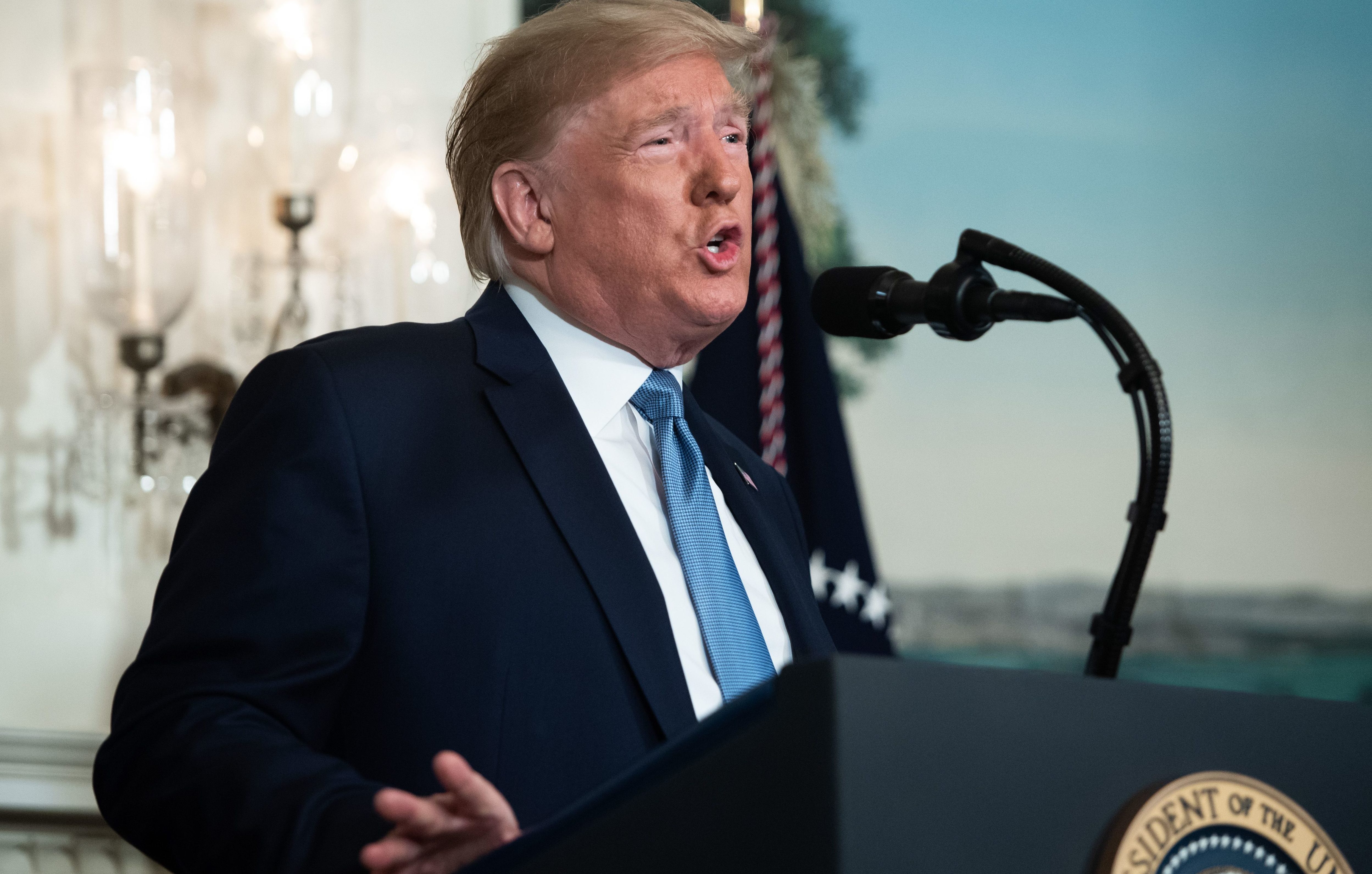 US President Donald Trump speaks about the mass shootings from the Diplomatic Reception Room of the White House in Washington, DC, August 5, 2019. (SAUL LOEB/AFP/Getty Images)