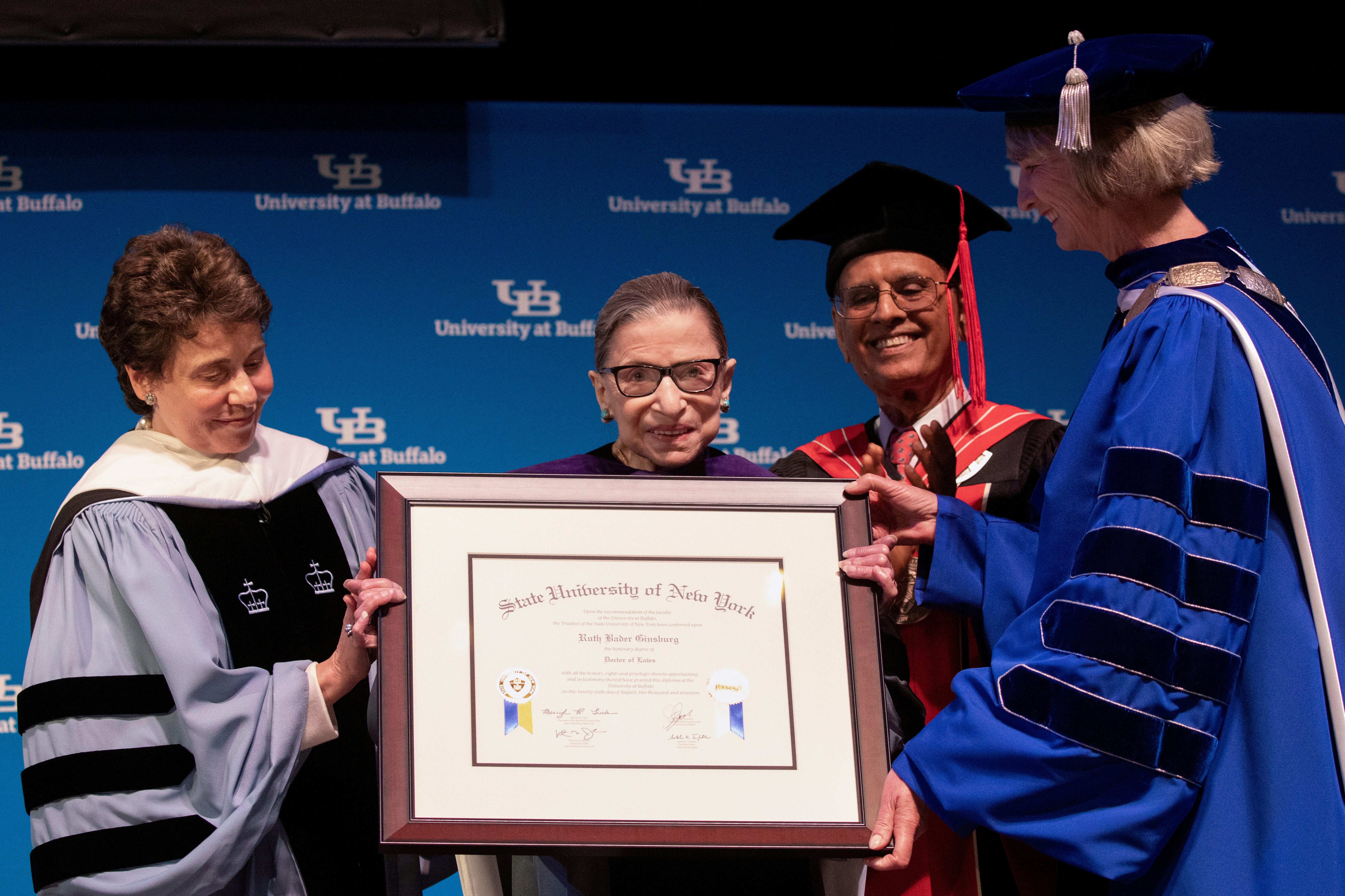 Justice Ruth Bader Ginsburg is presented with an honorary doctoral degree at the University at Buffalo School of Law on August 26, 2019. Reuters/Lindsay DeDario 