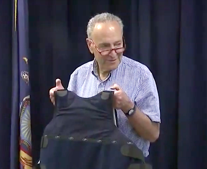 New York Sen. Chuck Schumer With Bulletproof Vest. Photo Youtube screenshot courtesy of CBS2.
