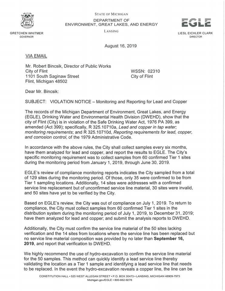Letter from Michigan environmental agency to Flint