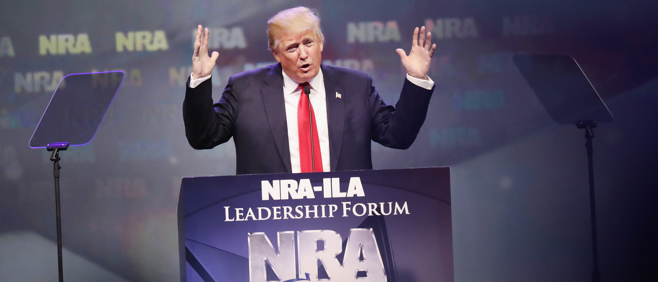 Republican presidential candidate Donald Trump speaks at the National Rifle Association's NRA-ILA Leadership Forum during the NRA Convention at the Kentucky Exposition Center on May 20, 2016 in Louisville, Kentucky. The NRA endorsed Trump at the convention. The convention runs May 22. (Photo by Scott Olson/Getty Images)