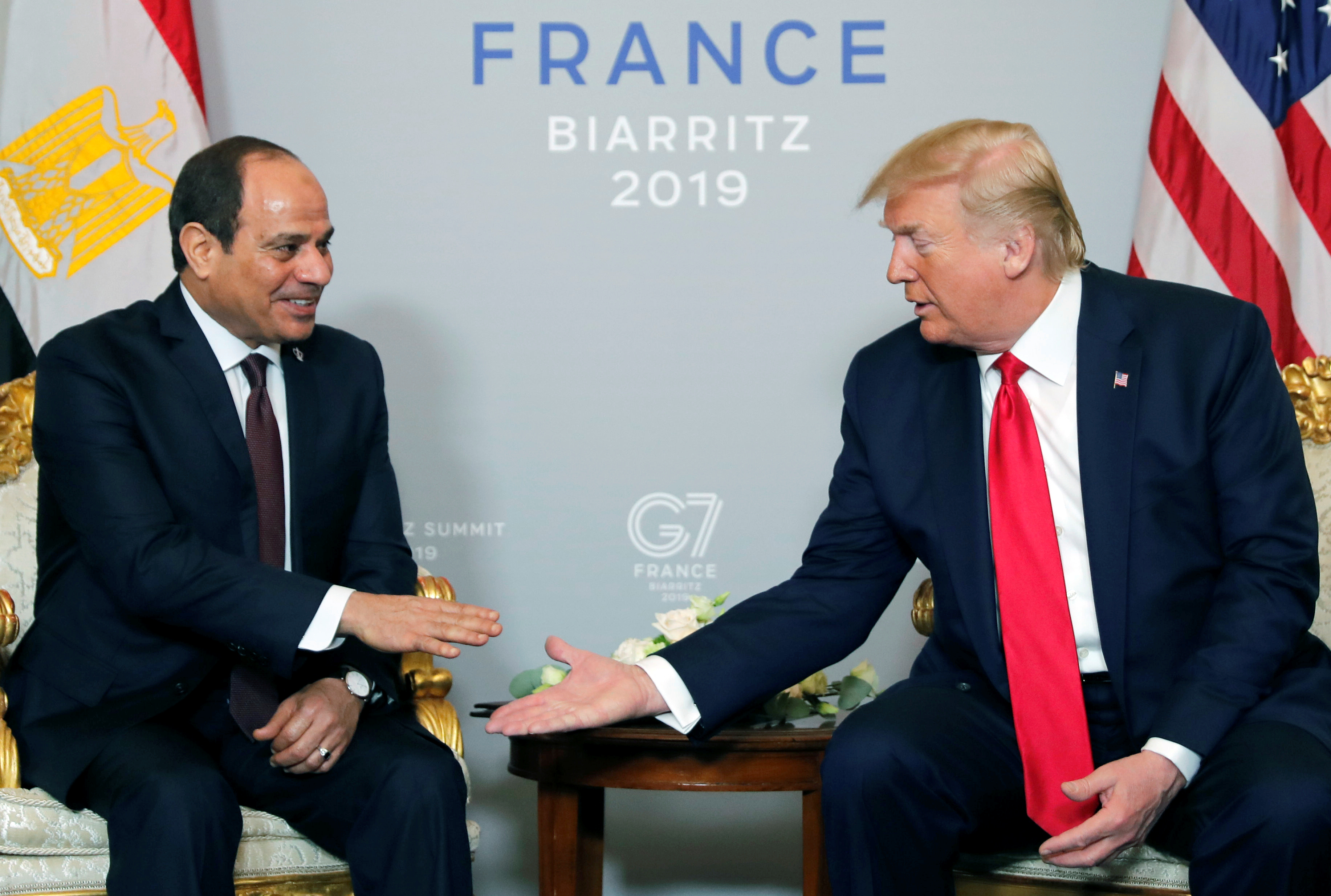 U.S. President Donald Trump meets Egypt's President Abdel-Fattah el-Sisi for bilateral talks during the G7 summit in Biarritz, France, August 26, 2019. REUTERS/Carlos Barria 