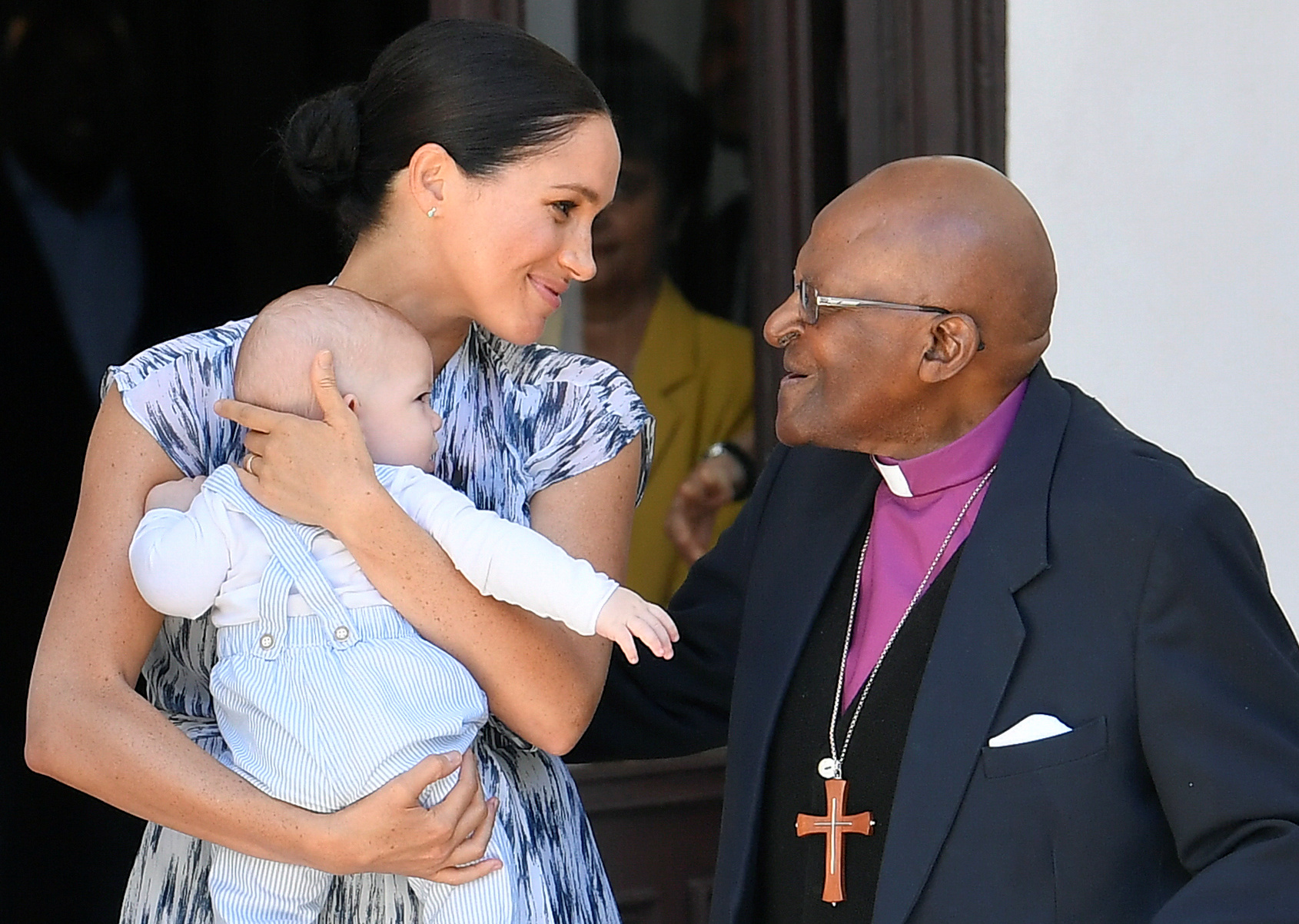 Meghan, Duchess of Sussex speaks to Archbishop Desmond Tutu while holding her baby son Archie Mountbatten-Windsor, during a visit to the Desmond & Leah Tutu Legacy Foundation during their royal tour of South Africa on September 25, 2019 in Cape Town, South Africa. (Photo by Toby Melville - Pool/Getty Images)