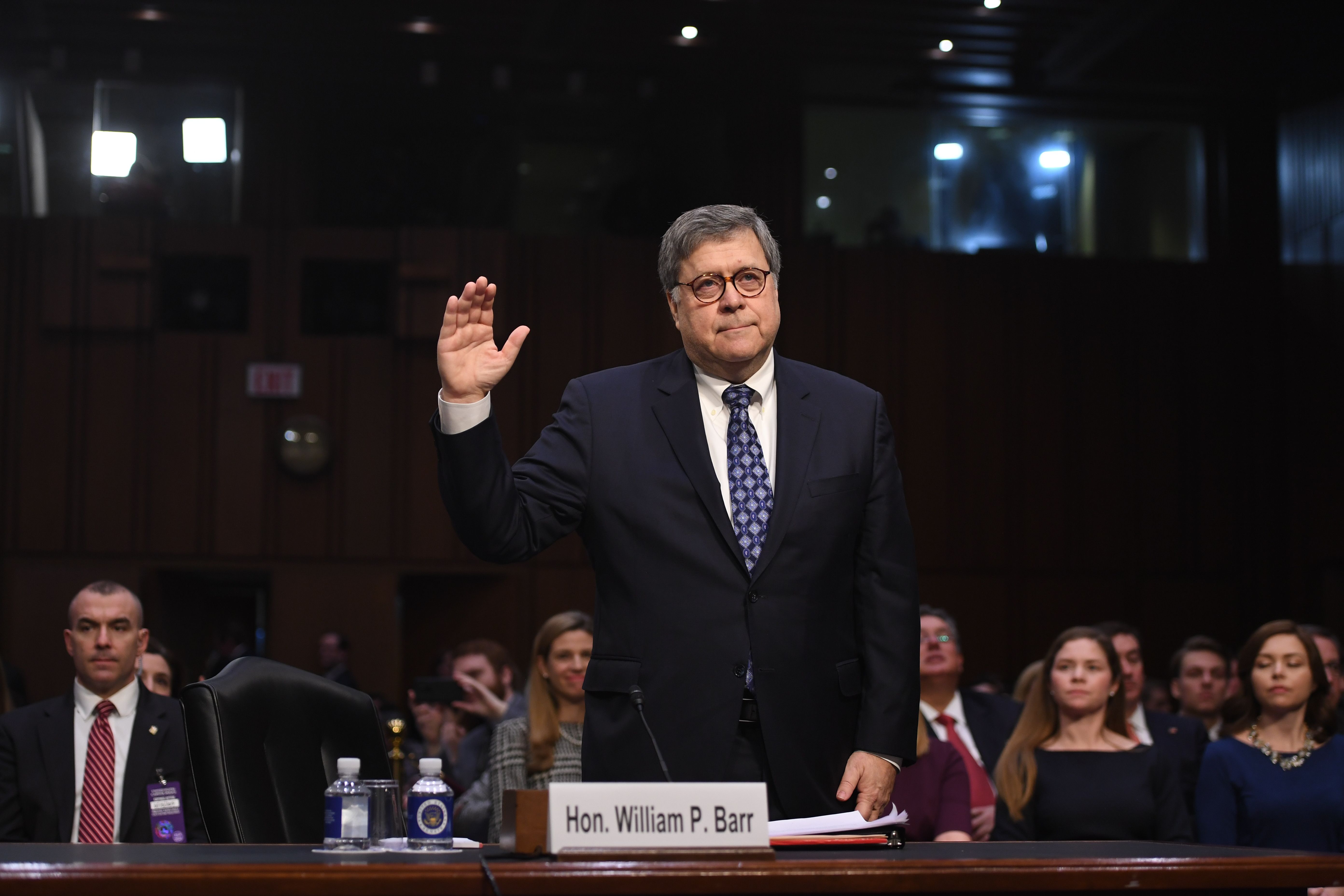 William Barr takes the oath before testifying during a Senate Judiciary Committee confirmation hearing. (SAUL LOEB/AFP/Getty Images)