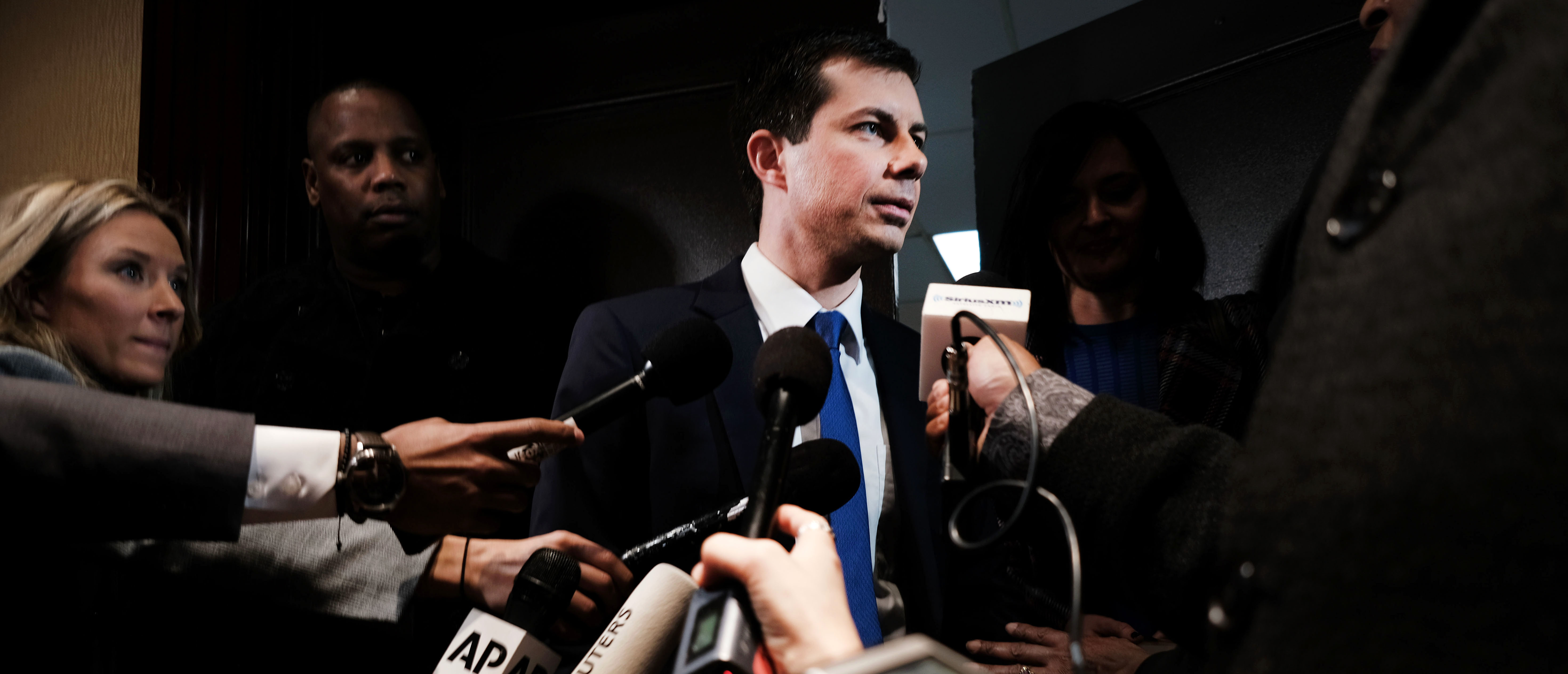 NEW YORK, NEW YORK - APRIL 04: Democratic presidential hopeful South Bend, Indiana mayor Pete Buttigieg speaks to the media at the National Action Network's annual convention on April 4, 2019 in New York City. A dozen 2020 Democratic presidential candidates will speak at the organization's convention this week. Founded by Rev. Al Sharpton in 1991, the National Action Network is one of the most influential African American organizations dedicated to civil rights in America. (Photo by Spencer Platt/Getty Images)