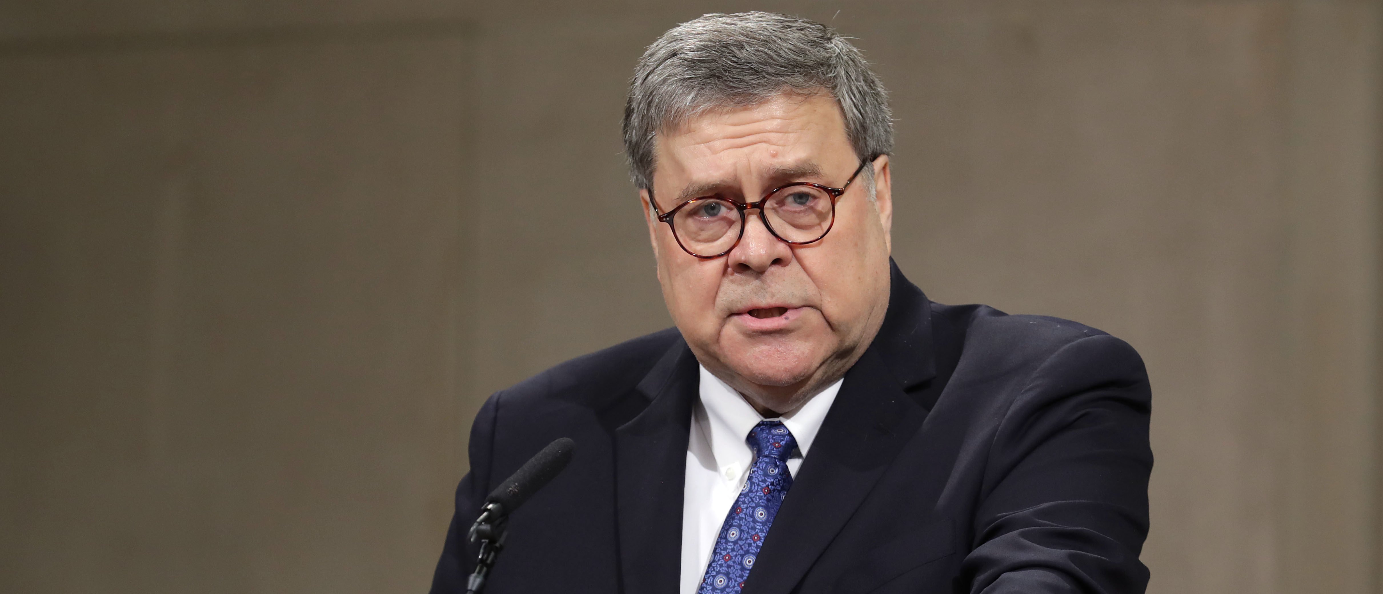 U.S. Attorney General William Barr delivers remarks during a farewell ceremony for Deputy Attorney General Rod Rosenstein at the Robert F. Kennedy Main Justice Building May 09, 2019 in Washington, DC. (Chip Somodevilla/Getty Images)