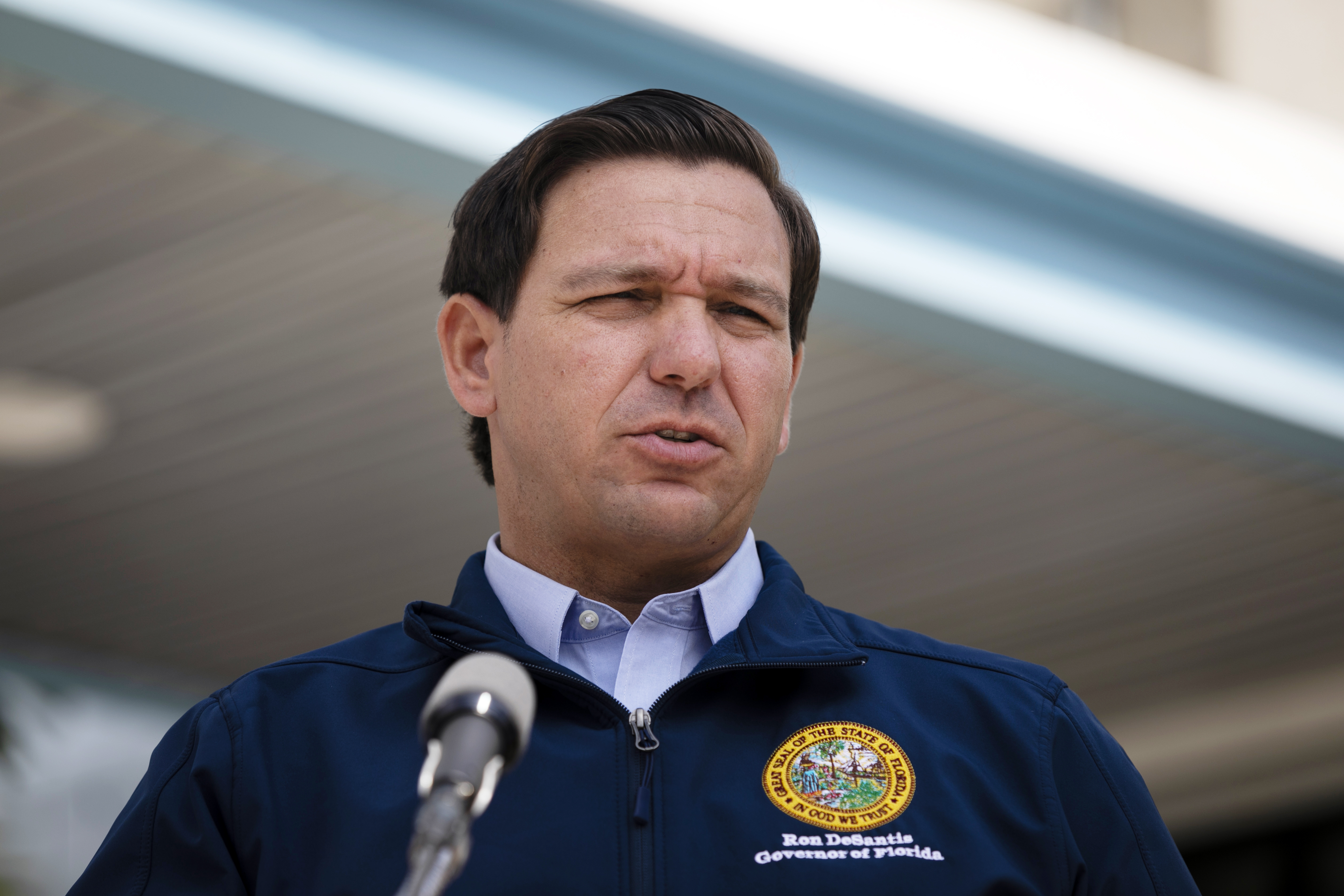 MIAMI, FL - AUGUST 29: Governor Ron DeSantis gives a briefing regarding Hurricane Dorian to the media at National Hurricane Center on August 29, 2019 in Miami, Florida. Hurricane Dorian is expected to become a Category 4 as it approaches Florida in the upcoming days. (Photo by Eva Marie Uzcategui/Getty Images)